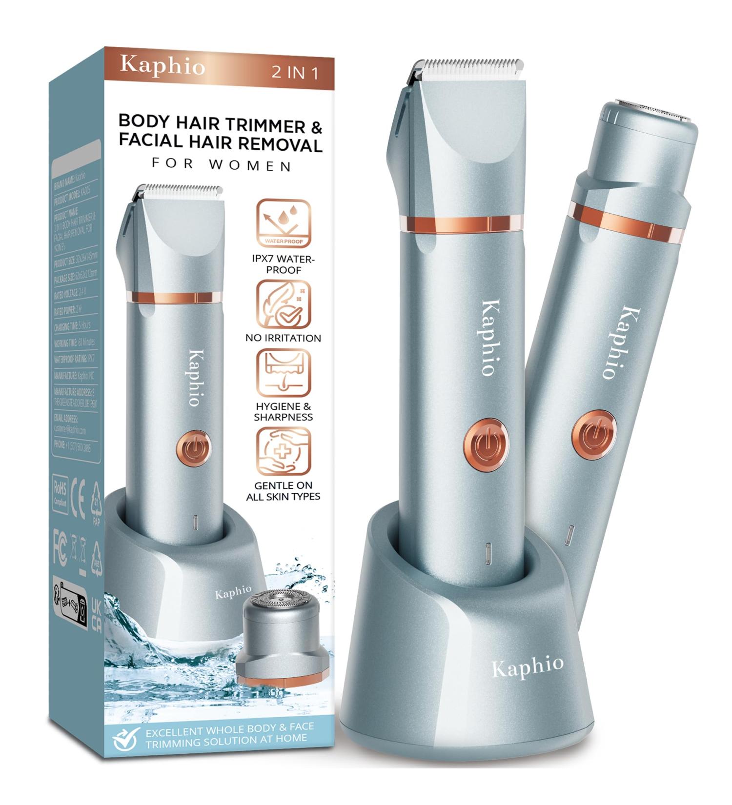 Electric Bikini Trimmer & Facial Hair Remover - Rechargeable IPX7 Waterproof 2-in-1 Hair Removal Kit for Women - Wet/Dry Use for Bikini, Underarm, Leg, Arm, Face - Parisian Blue - Buy Online on GoSupps.com