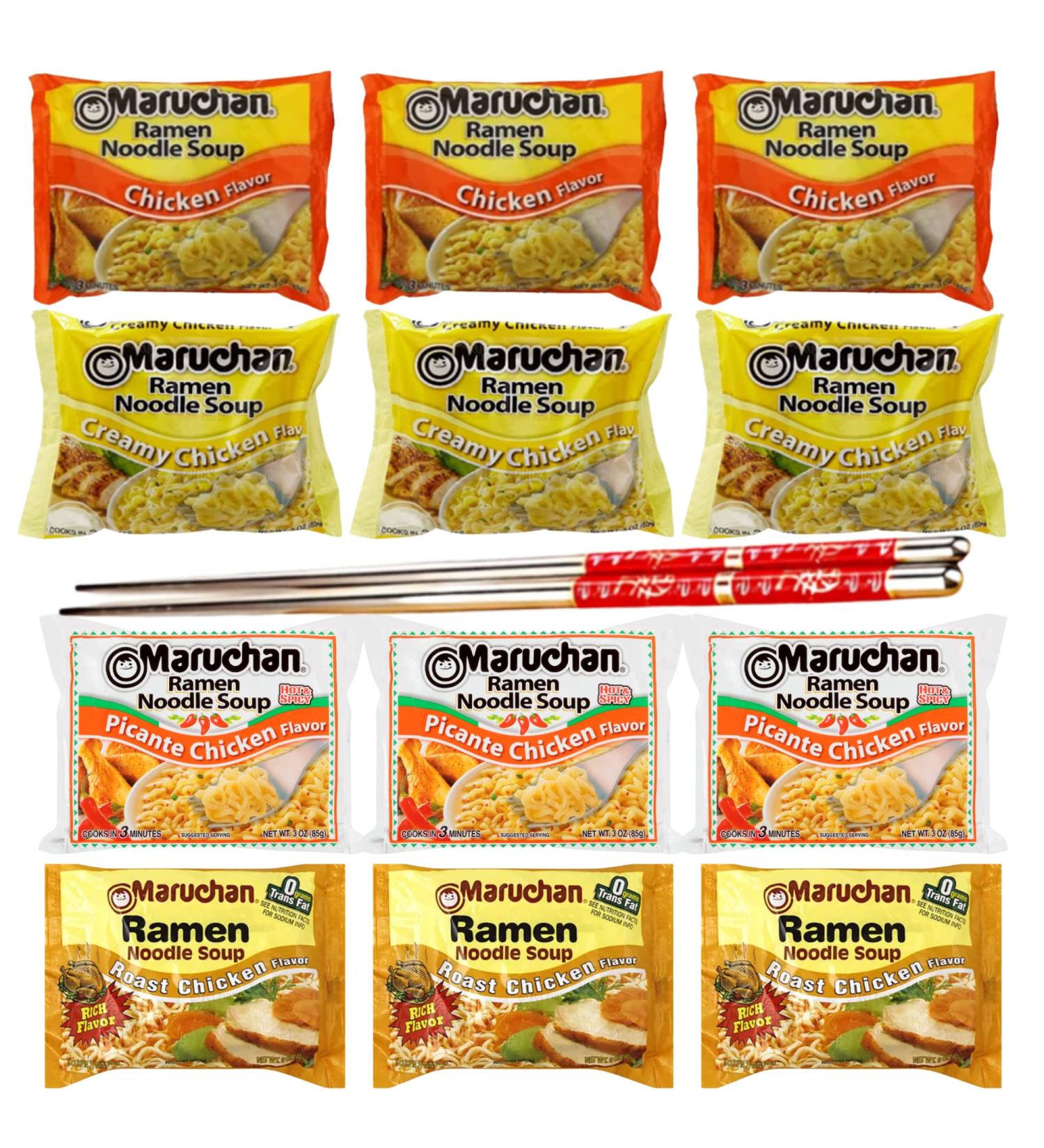 Ja Cor Instant Ramen Noodles Soup Variety Pack (3) Chicken (3) Creamy Chicken (3) Roast Chicken (3) Picante Chicken Flavor 3 oz Bundle with 1-Set Reusable Stainless Steel Chopsticks(Pack of 12) - Buy Online on GoSupps.com