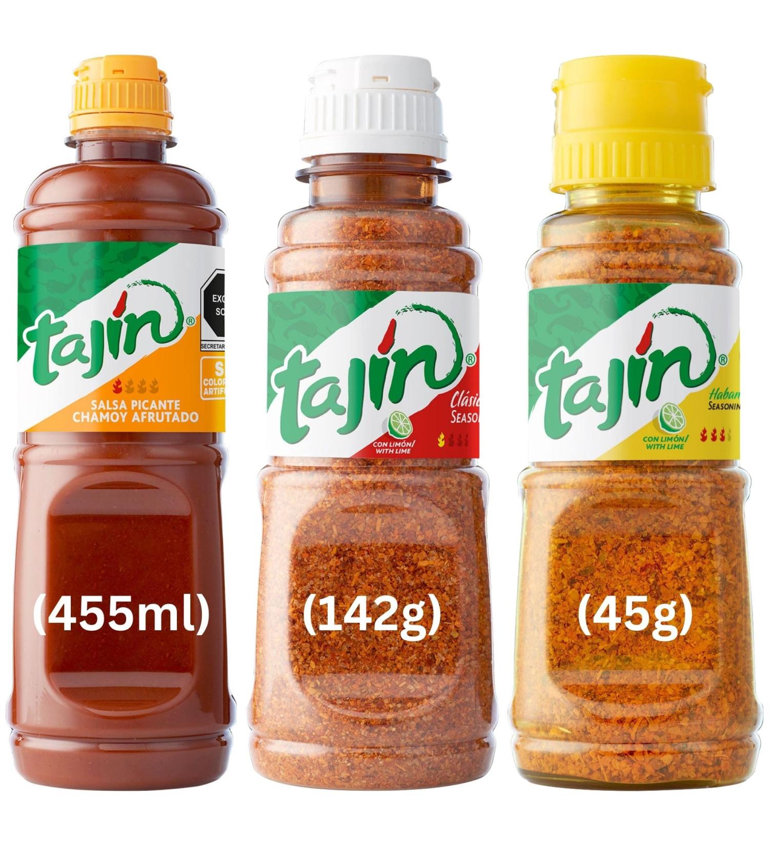 Tajin Seasoning Bundle: Clasico with Lime 142g, Habanero with Lime 45g, Chamoy Sauce 455ml - Authentic Mexican Flavouring - Buy Online on GoSupps.com