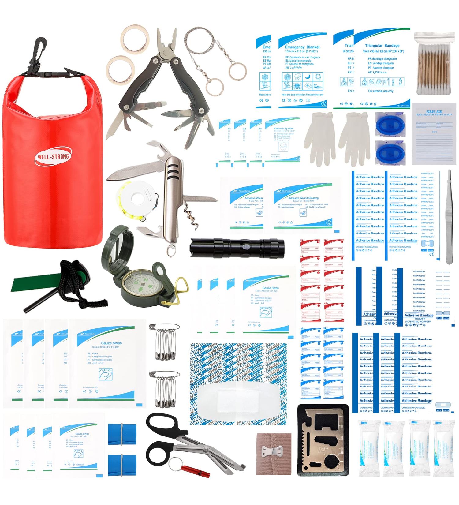 WELL-STRONG 234pcs Waterproof First Aid Kit with Survival Tools - Red 3L | Ideal for Fishing, Kayaking, Boating, Rafting | Emergency Kit with Compass | WS023-survival-red - Buy Online on GoSupps.com