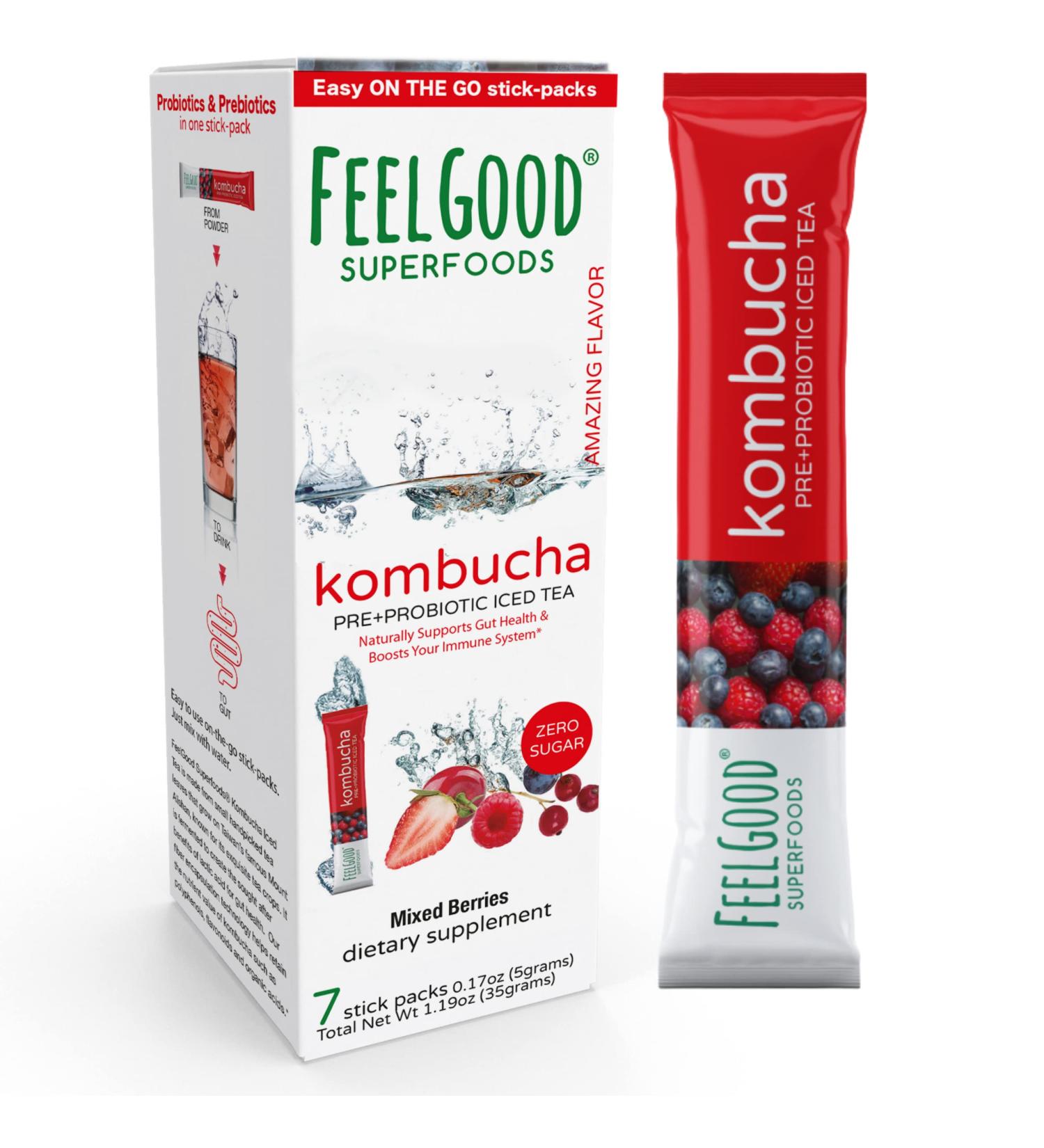 FeelGood Superfoods Mixed Berries Kombucha Iced Tea Packets - 7 Pack Probiotic Supplement for Gut Health - Buy Online on GoSupps.com