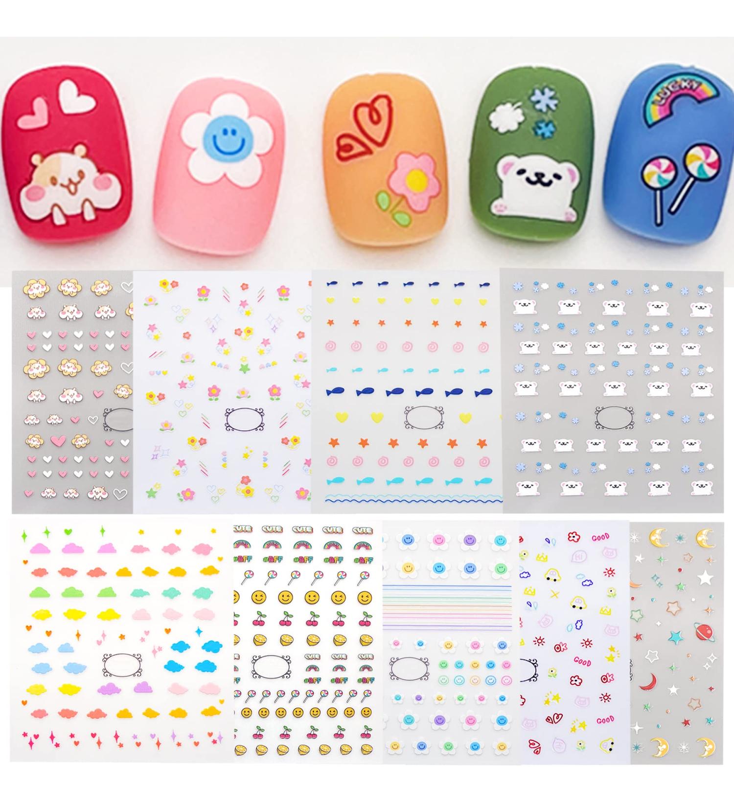 Cute Nail Stickers for Kids - Self-Adhesive Animal Flower Cloud Star & Heart Designs | Fun Nail Art Decals for Girls & Women (Pack of 9 - Buy Online on GoSupps.com