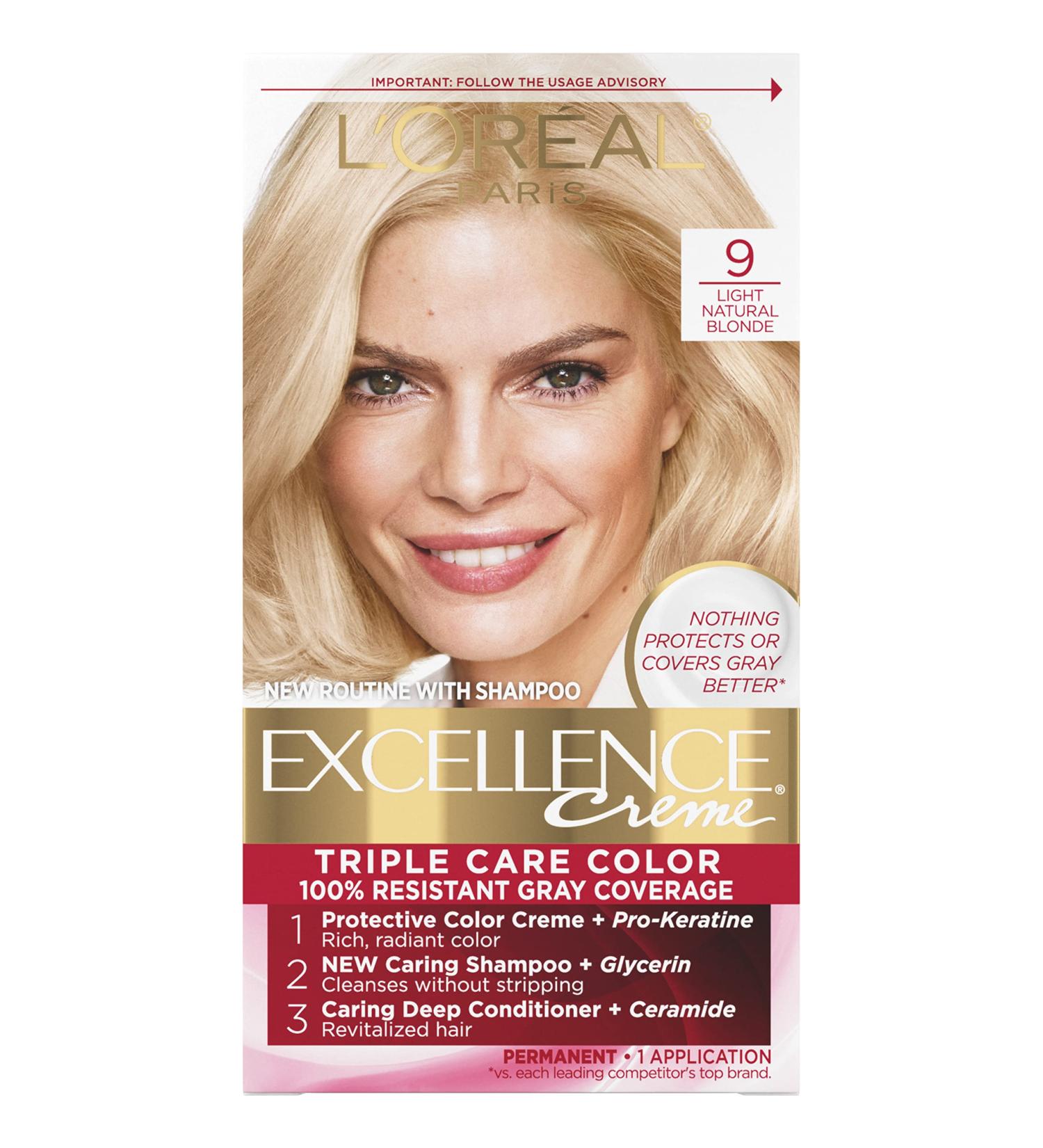 L'Oreal Paris Excellence Creme Hair Color 9 Light Natural Blonde - Gray Coverage, Triple Care Formula, Long-Lasting Results - 1 Count - Buy Online on GoSupps.com