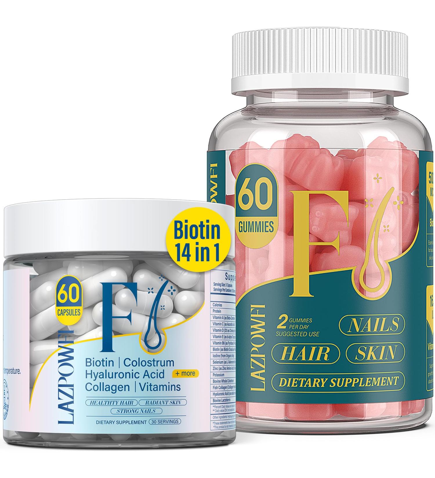 Lazpowfi Hair Skin and Nails Vitamins Biotin with Vitamin A B6 C D E Supports Hair & Nails Growth for Men and Women Biotin Gummies + Advanced Collagen Capsules - Buy Online on GoSupps.com