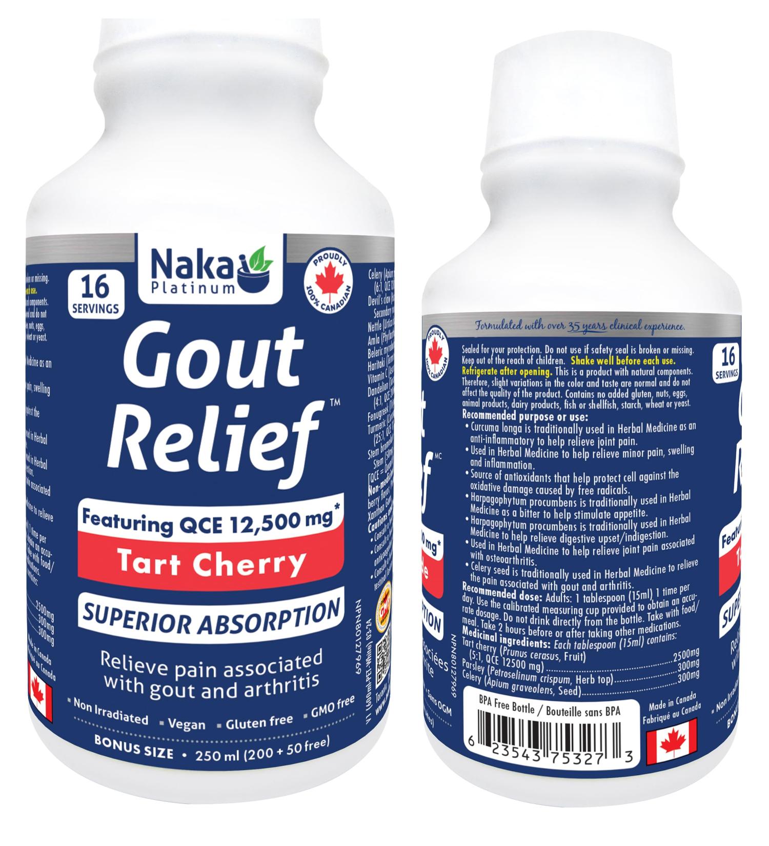 Naka Platinum Gout Relief Featuring QCE 12 500 mg - Tart Cherry SUPERIOR ABSORPTION Relieve pain associated with gout and arthritis Made in Canada (250ml) - Buy Online on GoSupps.com