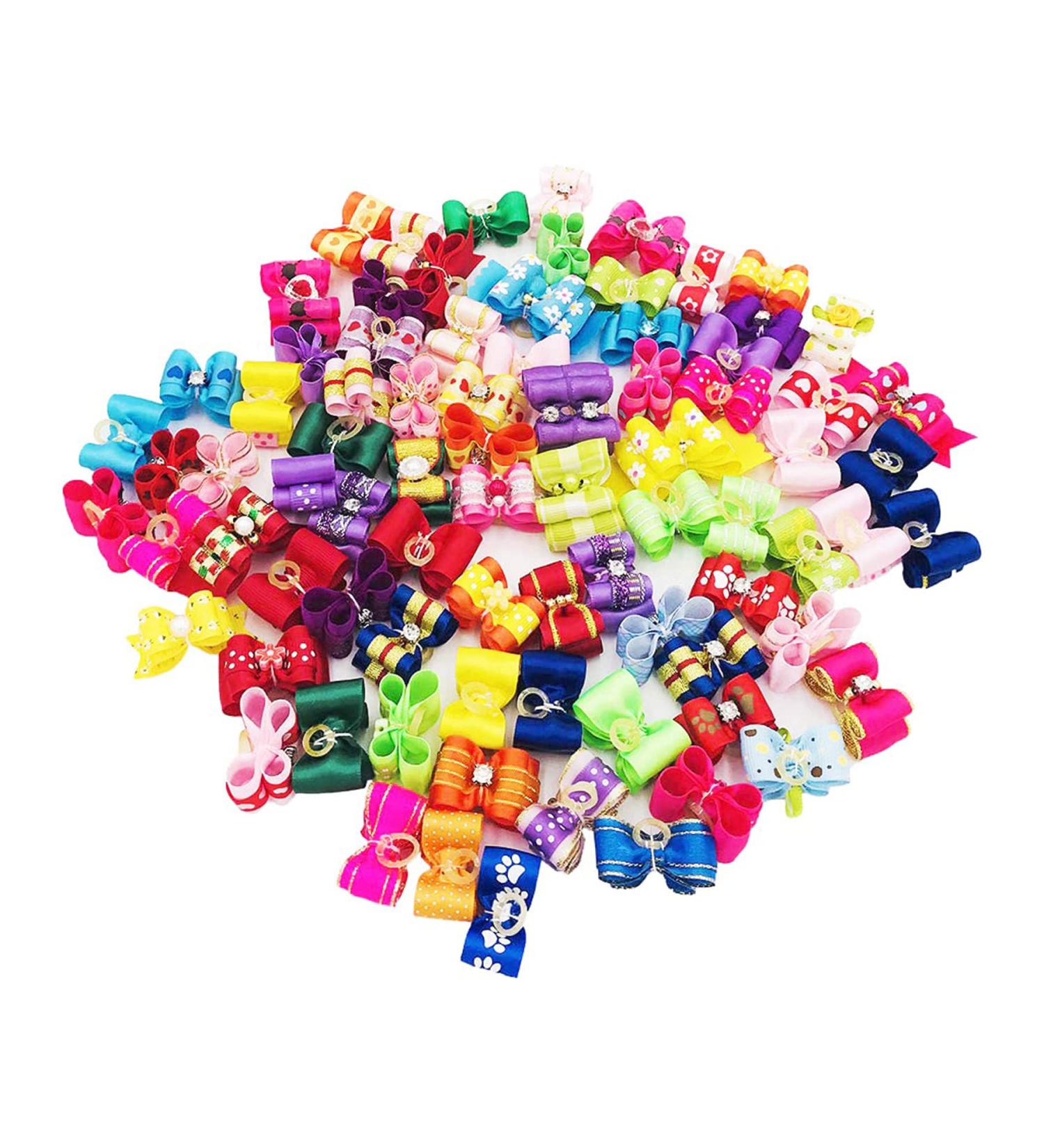 JpGdn 50pcs Small Dog Hair Bows with Rhinestones & Rubber Bands | Puppy Grooming Accessories | Color Random | Pet Topknot Bowknots - Buy Online on GoSupps.com