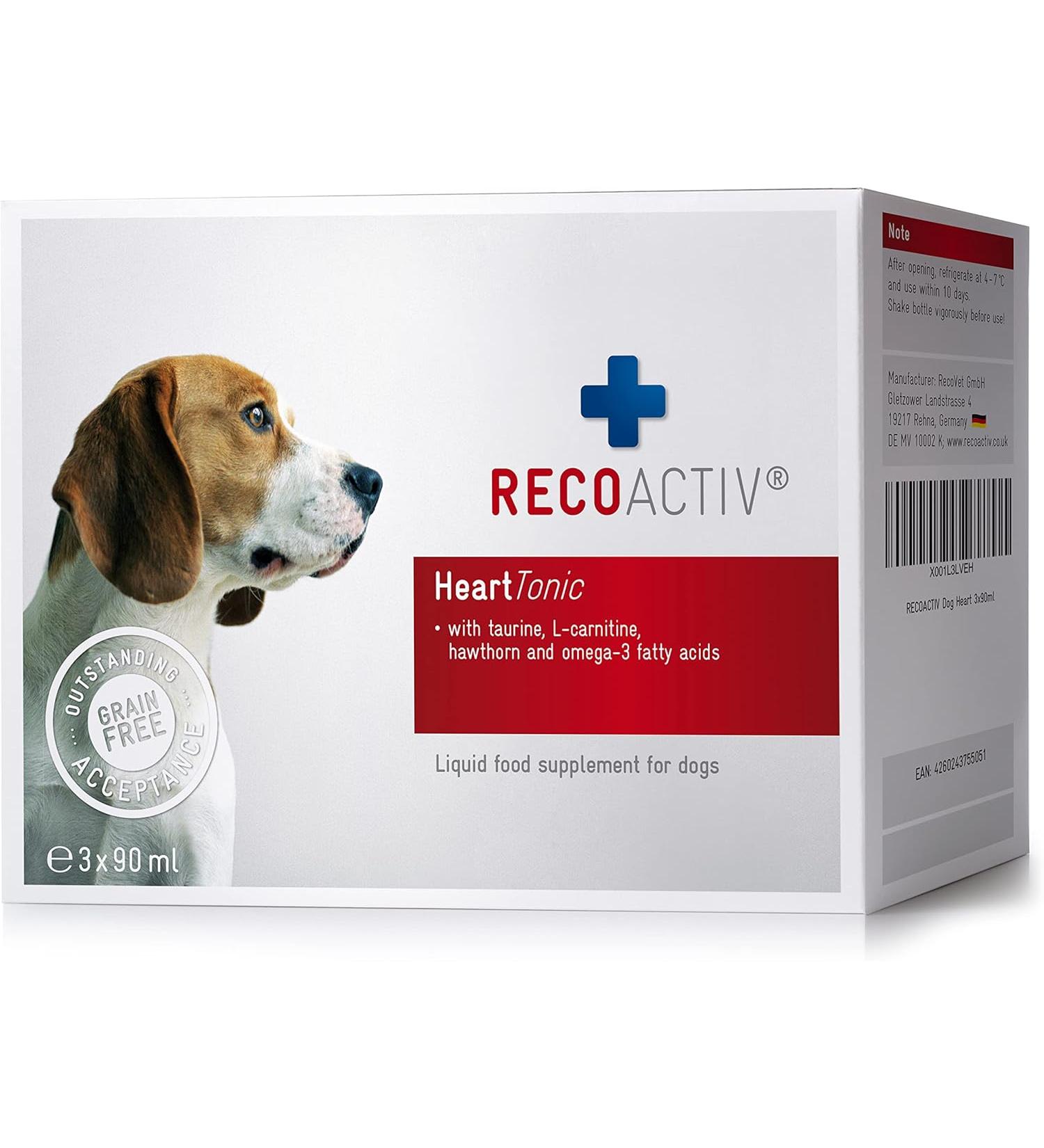 RECOACTIV Heart Tonic for dogs  3 x 90 ml  dietary supplement for dogs with heart dysfunction and for prevention  with L-carnitine  taurine  omega-3 fatty acids and hawthorn - Buy Online on GoSupps.com