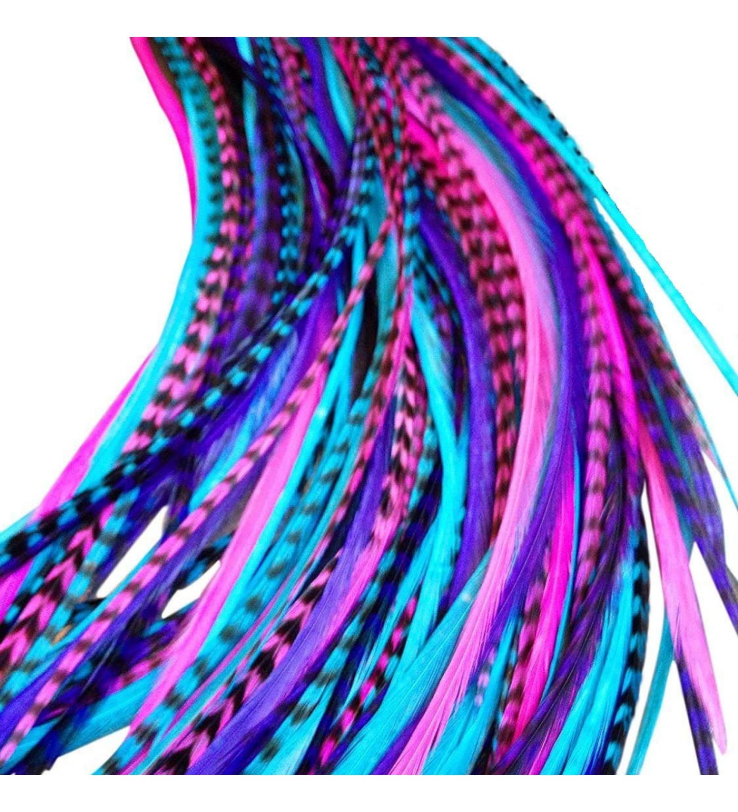 Real Rooster Feather Hair Extension Kit in Pink, Purple, Blue - Feather Lily B1 Mix - Buy Online on GoSupps.com