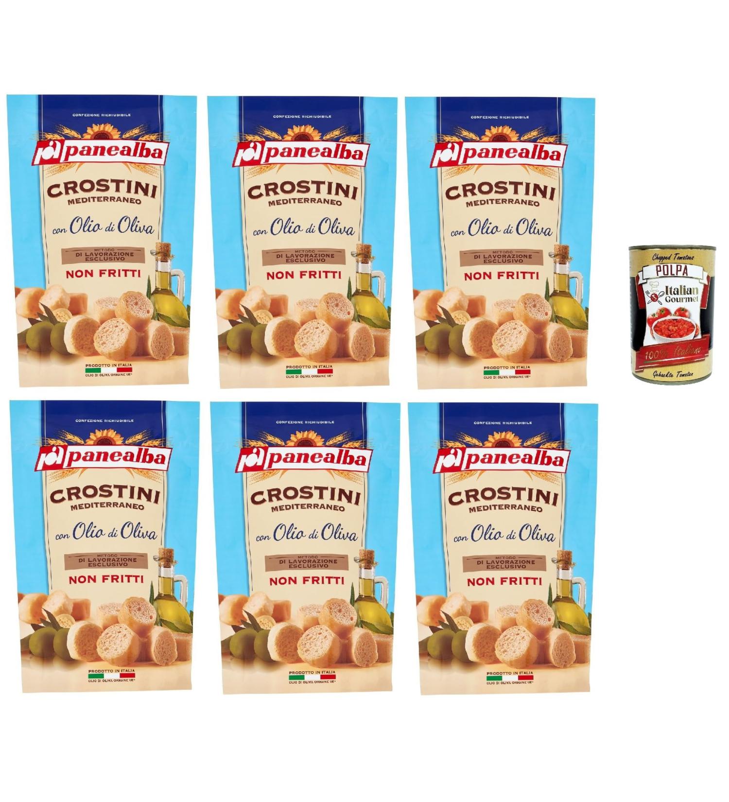 Panealba Crostini Mediterraneo con Olio di Oliva Savory croutons with olive oil non-fried snack 6 x 100 g with gourmet Italian polpa 400 g - Buy Online on GoSupps.com