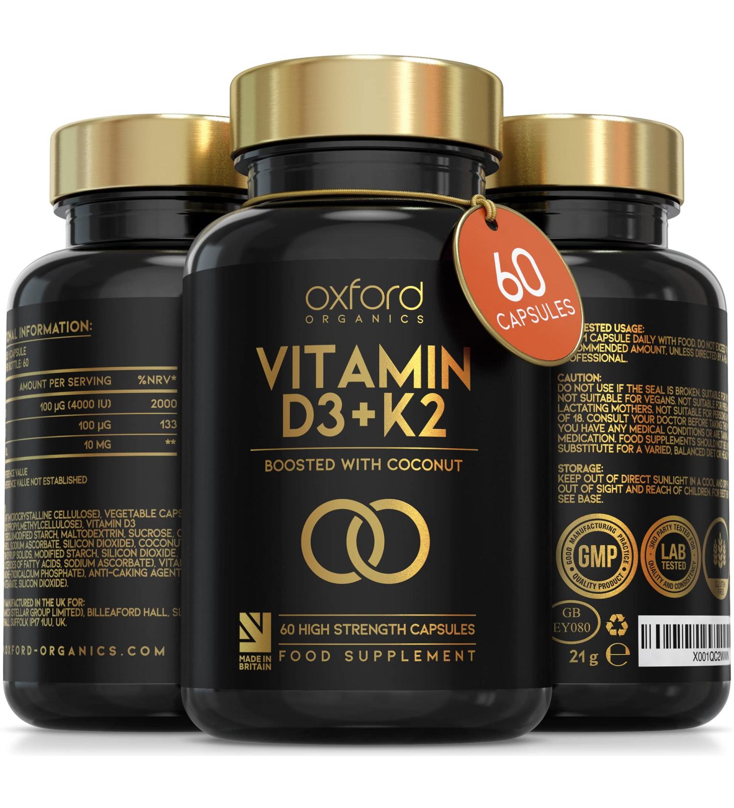 High Strength Vitamin D3 K2 Capsules - 4000 IU D & 100mcg K MK7 - Coconut MCTs for Absorption | 60 Capsules, 2 Month Supply | UK Made & Vegetarian - Buy Online on GoSupps.com