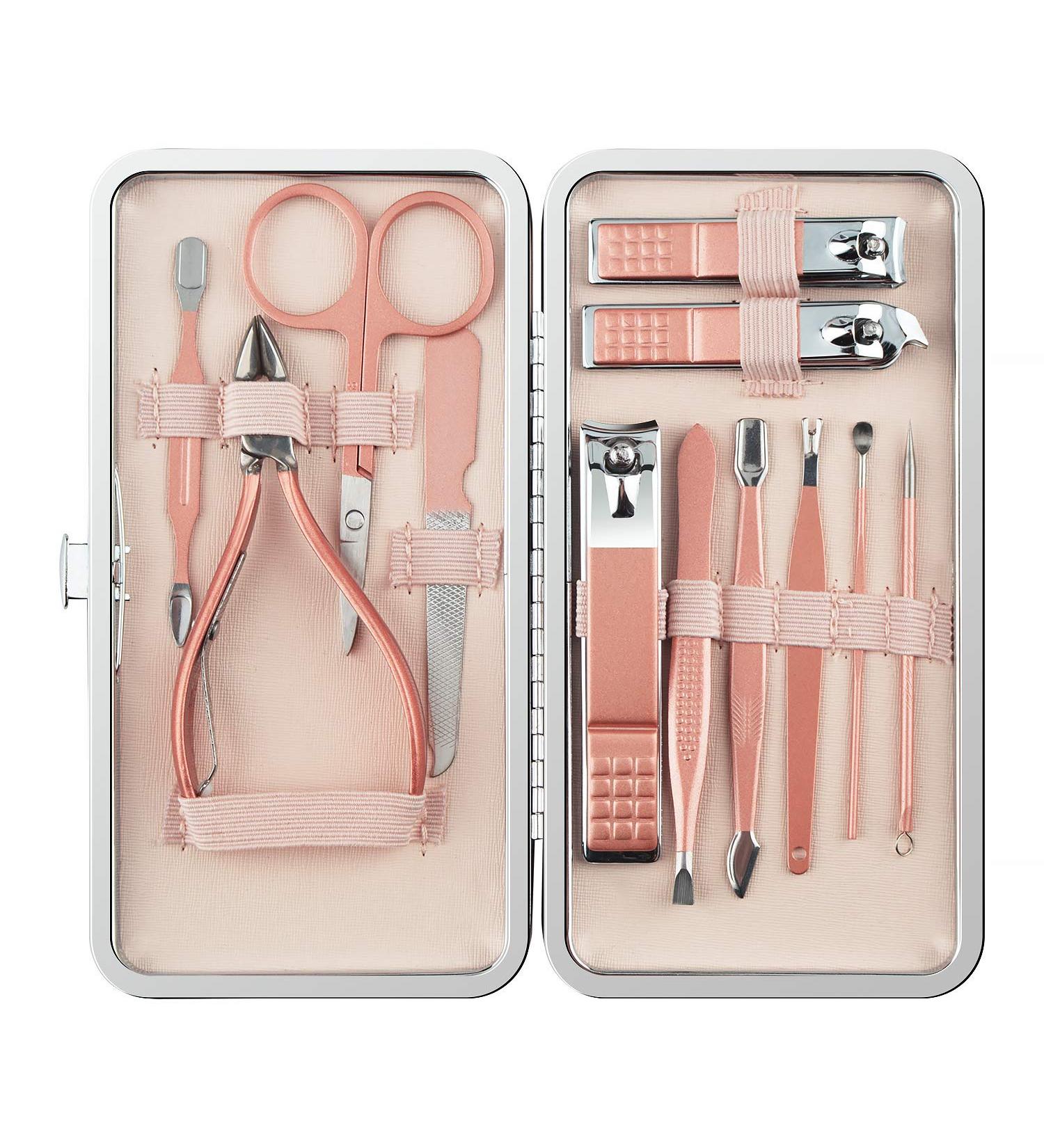Leiwo 12pcs Pink Manicure Pedicure Kit | Stainless Steel Nail Scissors, Cuticle Cutter, Clipper Set | Professional Fingernails Toenails Grooming Tools with Travel Case - Buy Online on GoSupps.com