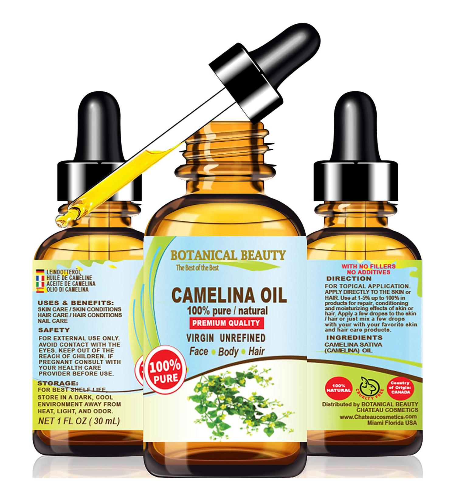 Botanical Beauty CAMELINA OIL 100% Pure Natural VIRGIN UNREFINED Cold-Pressed Carrier Oil 1 Fl oz 30 ml for Face Skin Body Hair Lip Nails. Rich in Vitamin E Omega 3 - Buy Online on GoSupps.com