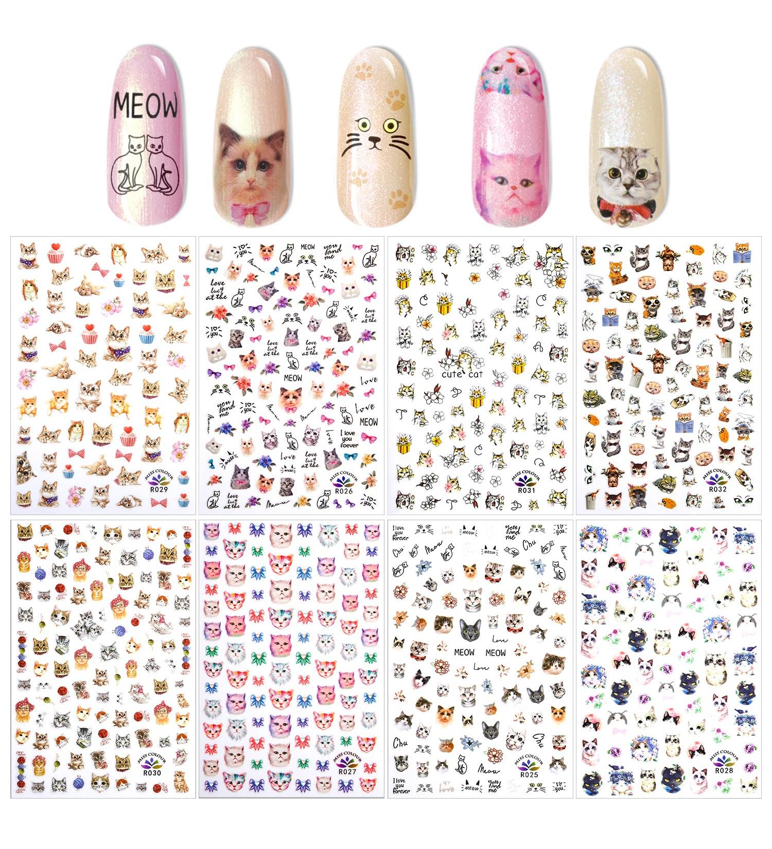 PHOGARY Cat Nail Stickers - 8 Sheets Nail Art Decals for Women & Girls | Perfect for False Nails & Manicure Gifts - International Shipping Available - Buy Online on GoSupps.com