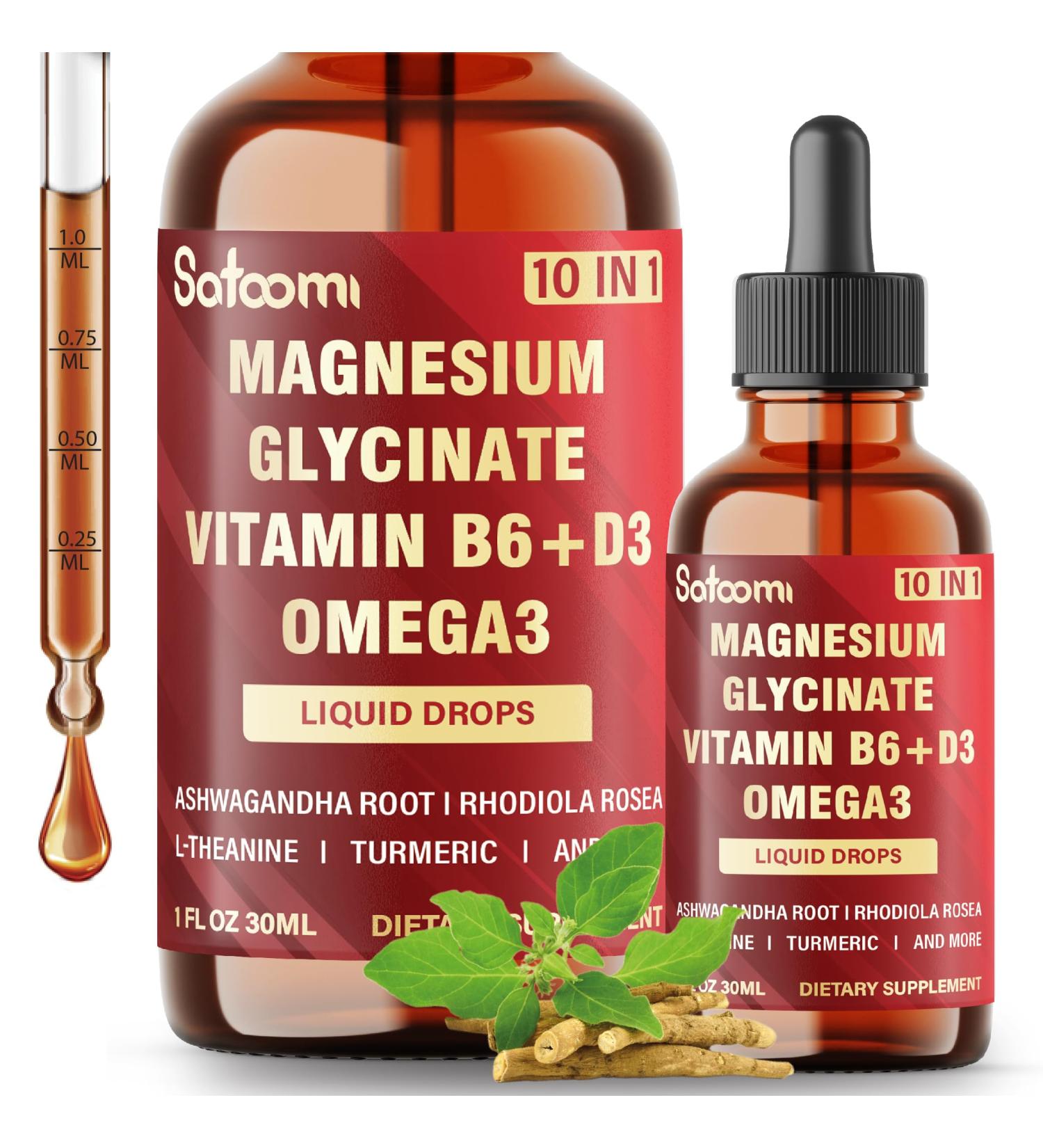 10in1 Magnesium Glycinate Liquid Drops Magnesium Complex Supplement with Omega3 Vitamin D3 Vitamin B6 Ashwagandha and More - Supports Overall Wellness - 1 FL Oz - 1 Month Supply - Buy Online on GoSupps.com