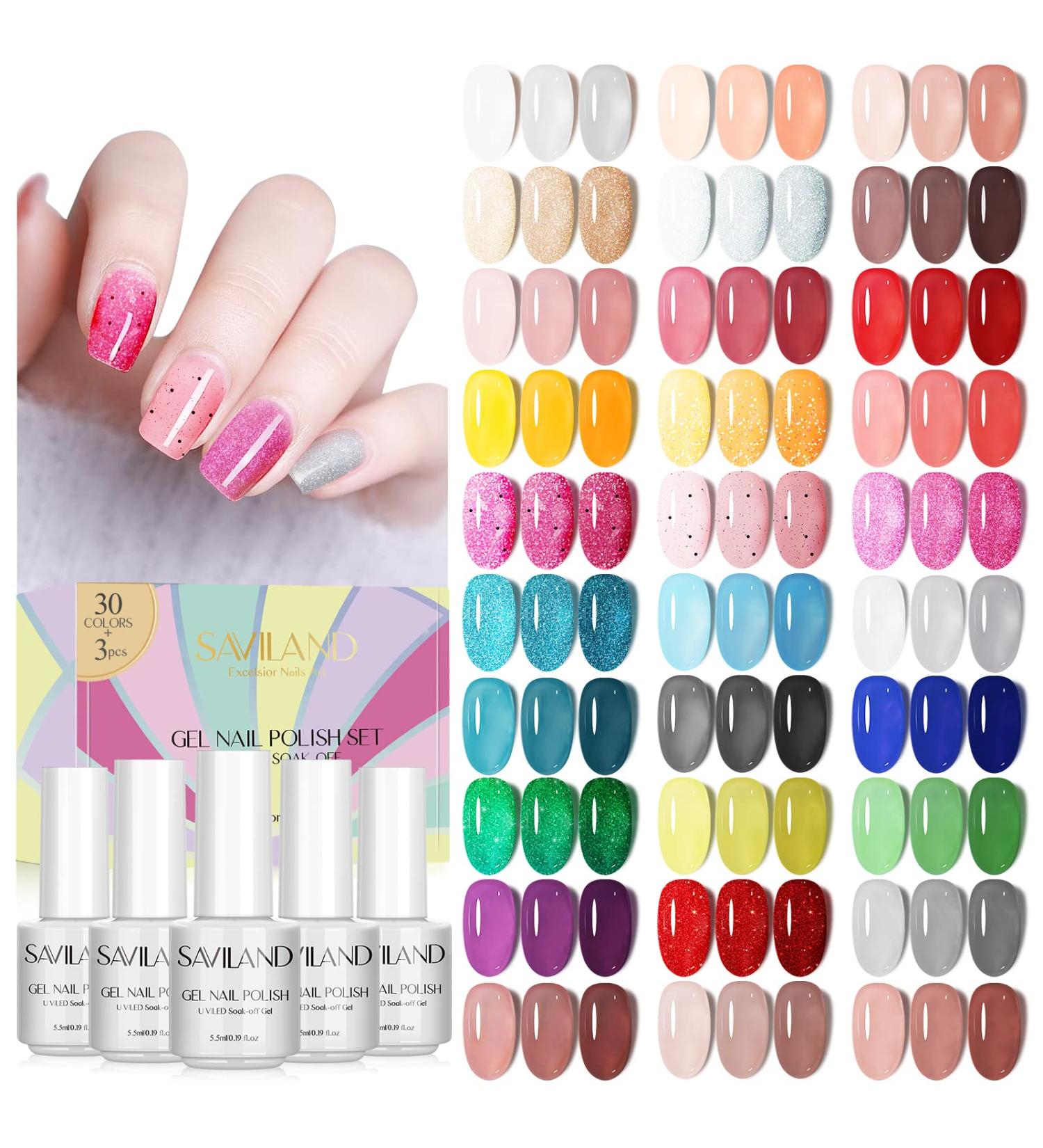 SAVILAND 33PCS Gel Nail Polish Kit - 30 Colors Soak-off Glitter Nail Art Set with Base, Glossy & Matte Top Gel - French Manicure Starter Kit for Home DIY Nail Salon & Gifts - Buy Online on GoSupps.com