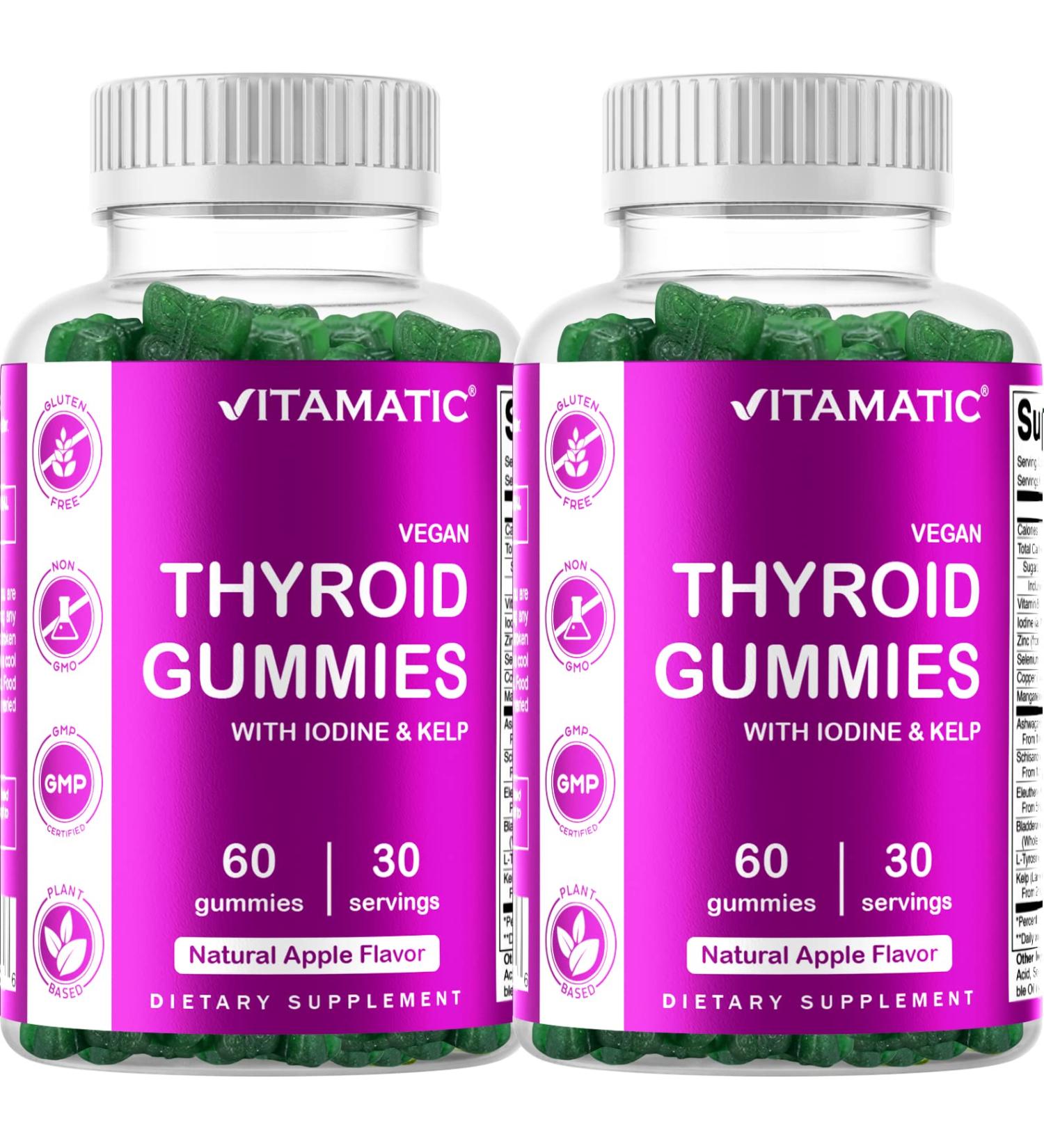 Vitamatic Vegan Thyroid Support Gummies - 2 Pack with Iodine & Kelp - Boost Energy & Metabolism - 60 Count - Buy Online on GoSupps.com