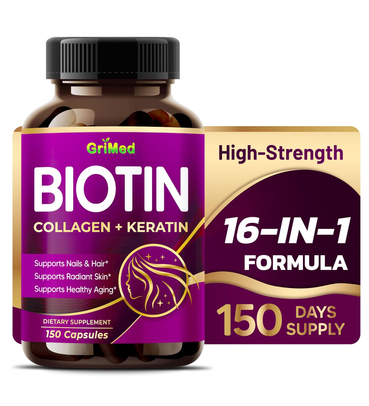 GriMed BIOTIN with Collagen + Keratin 7 275mg Strong Nails & Hair Radiant Skin Healthy Aging (150 Count (Pack of 1)) - Buy Online on GoSupps.com