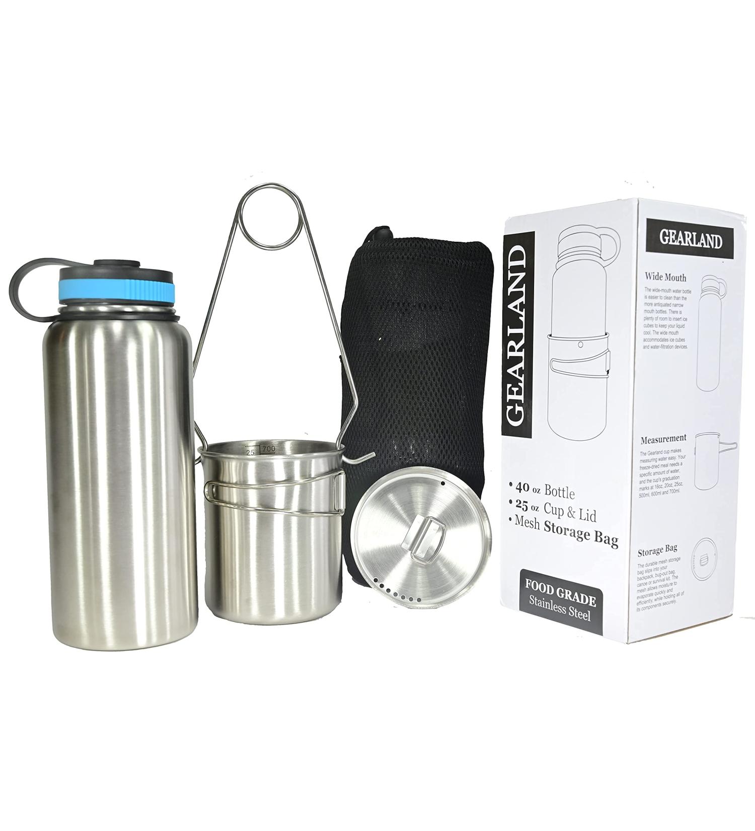 Gearland Stainless Steel Canteen Water Bottle with Nested Camping Cup - Bug Out Bag Bushcraft Gear - Buy Online on GoSupps.com