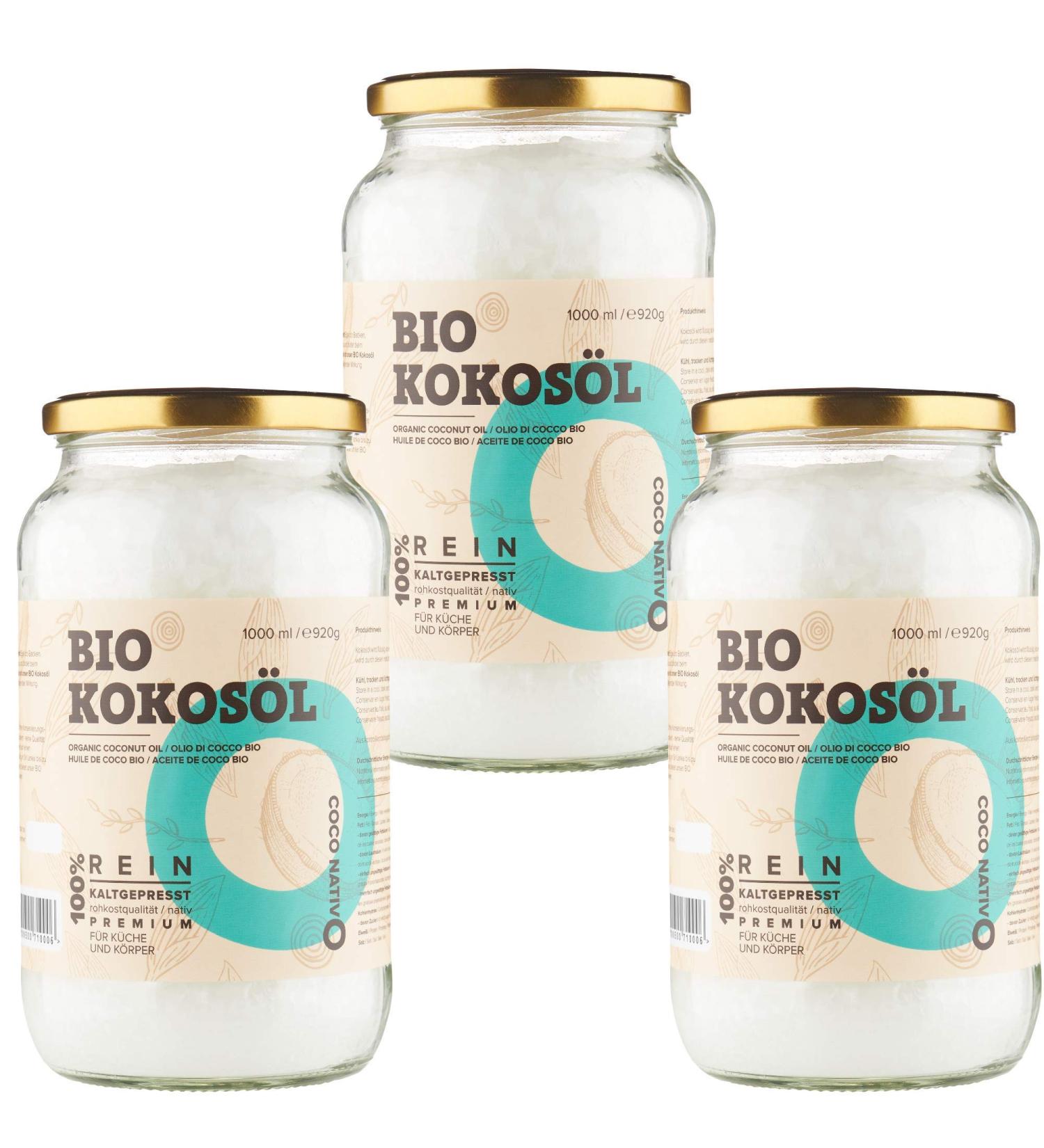 Organic Coconut Oil Coconativo 3x1000ml - Premium Cold-Pressed Coconut Fat for Cooking Baking Hair & Skin Care - Raw Food Quality - Buy Online on GoSupps.com