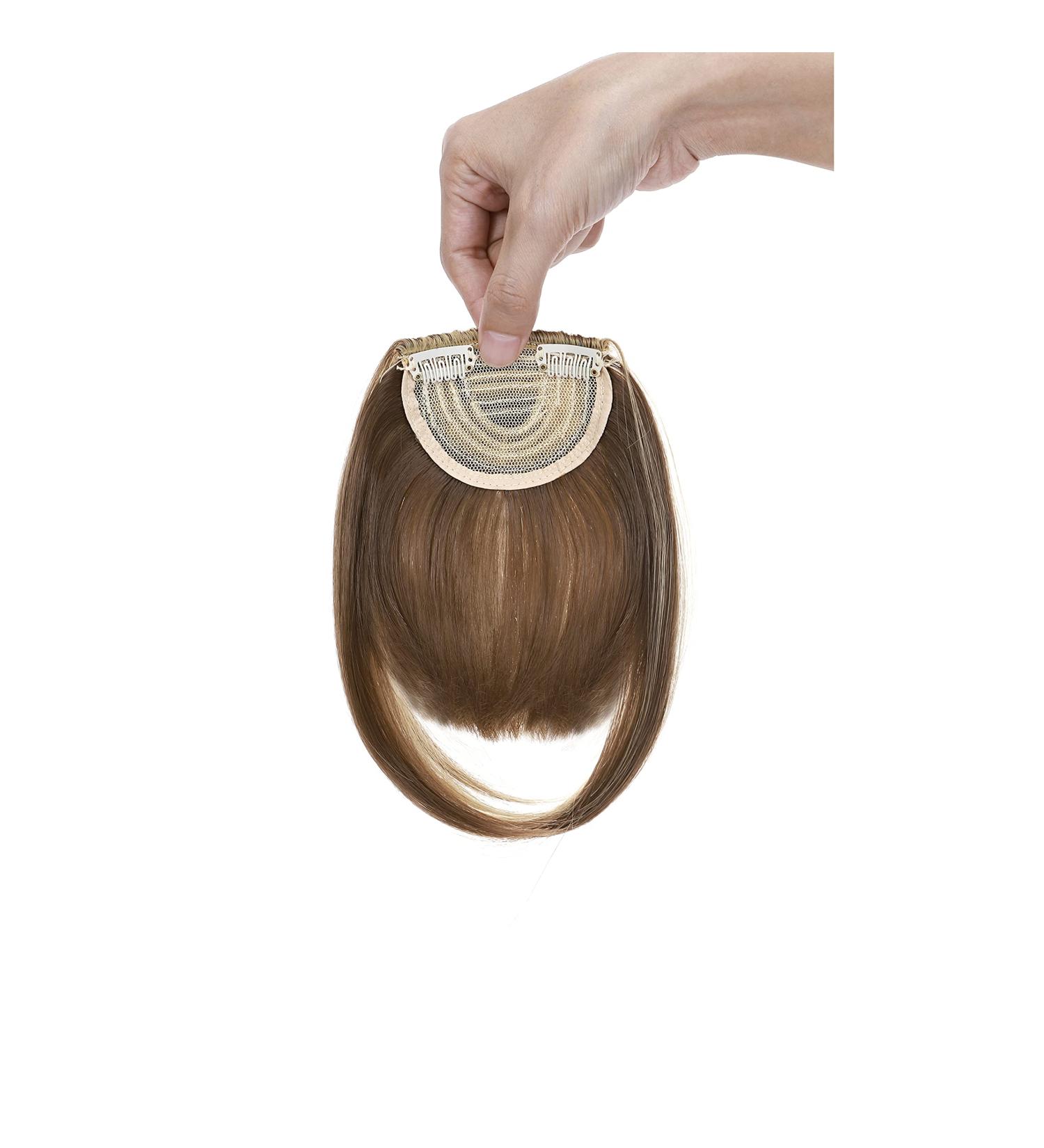Clip In Bangs Hair Extensions - Dark Brown & Gold Blonde | Neat Fringe Hairpiece for Women - Buy Online on GoSupps.com
