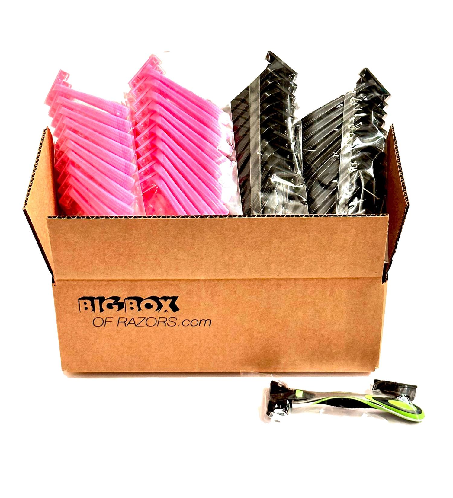 80 Low-Cost Combo Pink and Black Disposable Razor Blades in Bulk - Includes Bonus Six-Blade Boa Razor - Twin Blade Stainless Steel Hospitality Quality Shavers Professional or Home Use