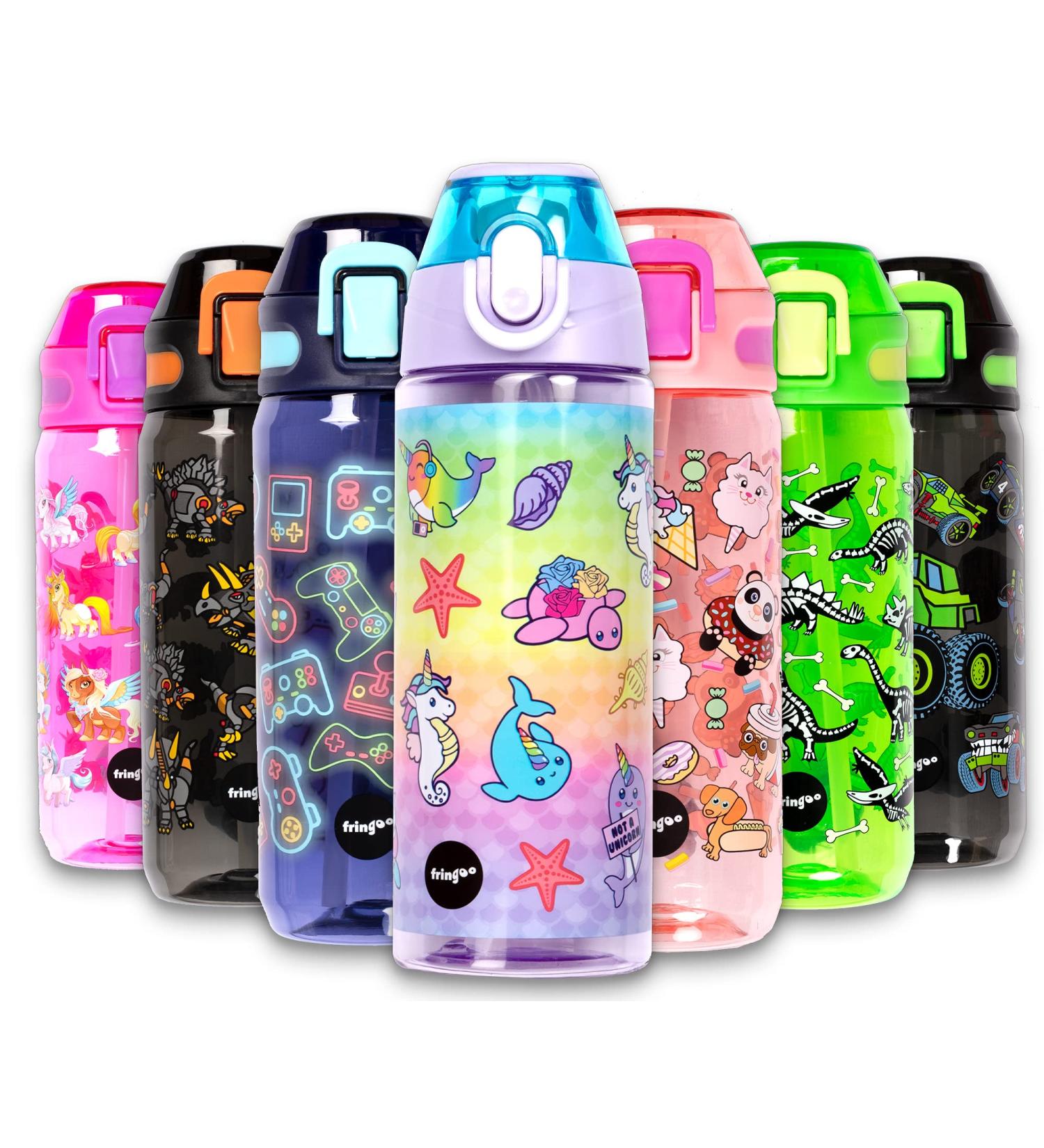 Fringoo Kids Water Bottle with Straw - Leak Proof BPA Free 600ml for School, Nursery & Travel - Narwhal & Seahorse Design - Buy Online on GoSupps.com