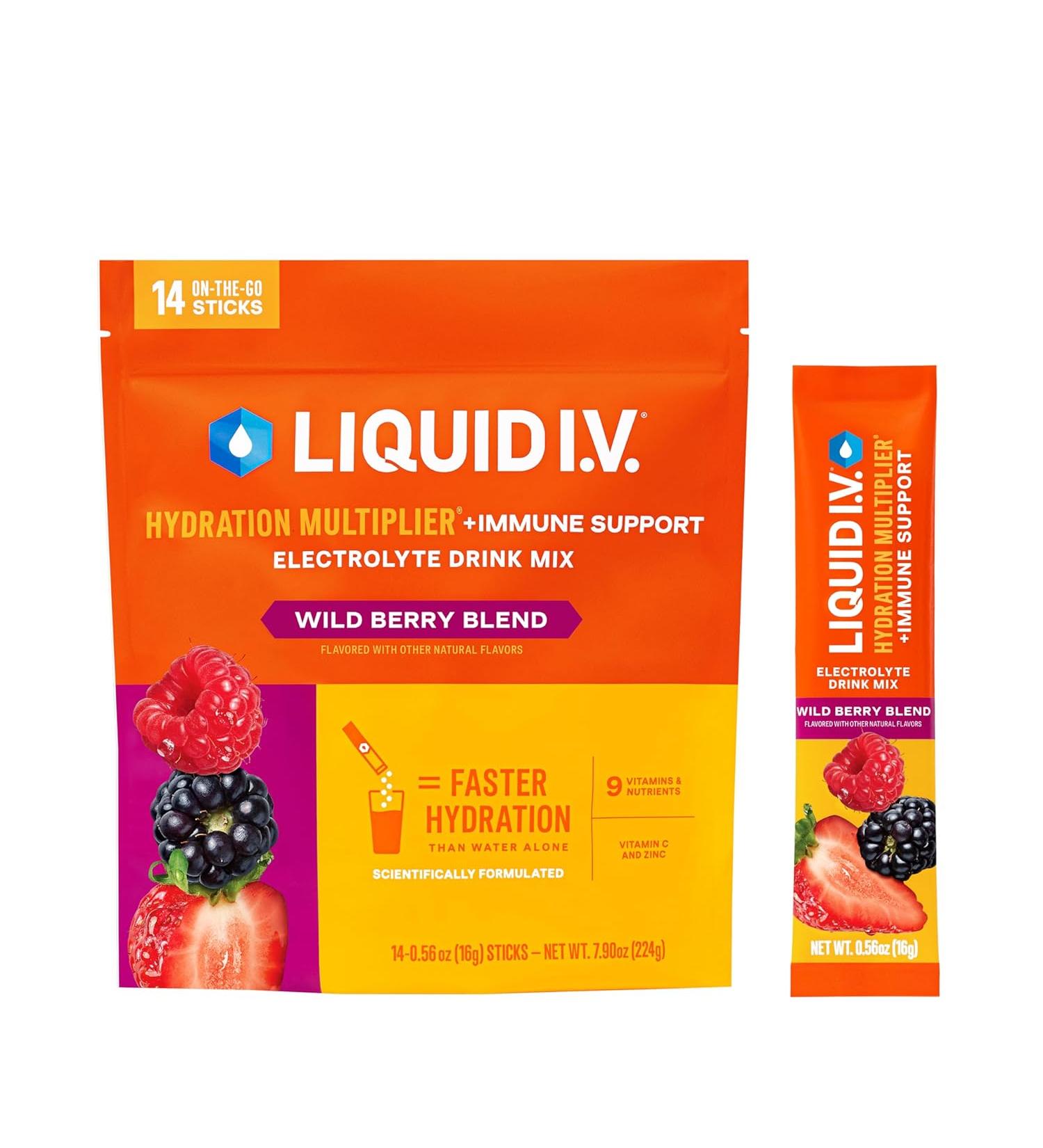 Liquid I.V. Hydration Multiplier + Immune Support - Wild Berry Blend - 14 Sticks | Vitamin C, B3, B5, B6, B12, Zinc & BetaVia | Gluten-Free, Dairy-Free, Soy-Free - Buy Online on GoSupps.com