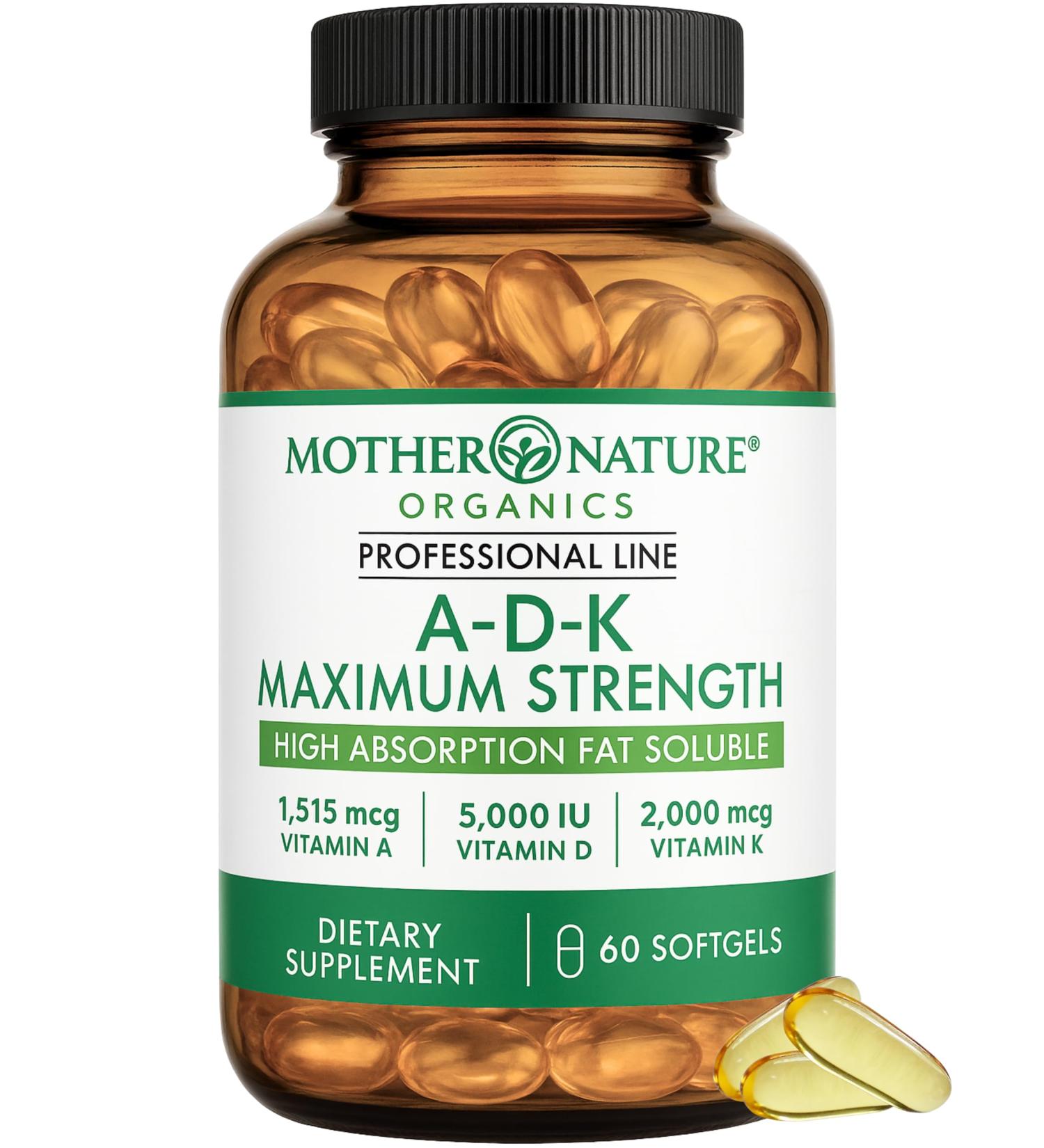 ADK Vitamin Supplement - 5000 IU Vitamin D3 + A & K2 MK-7 - High Absorption for Bone Heart & Immune Support - Non-GMO (60 Softgels)