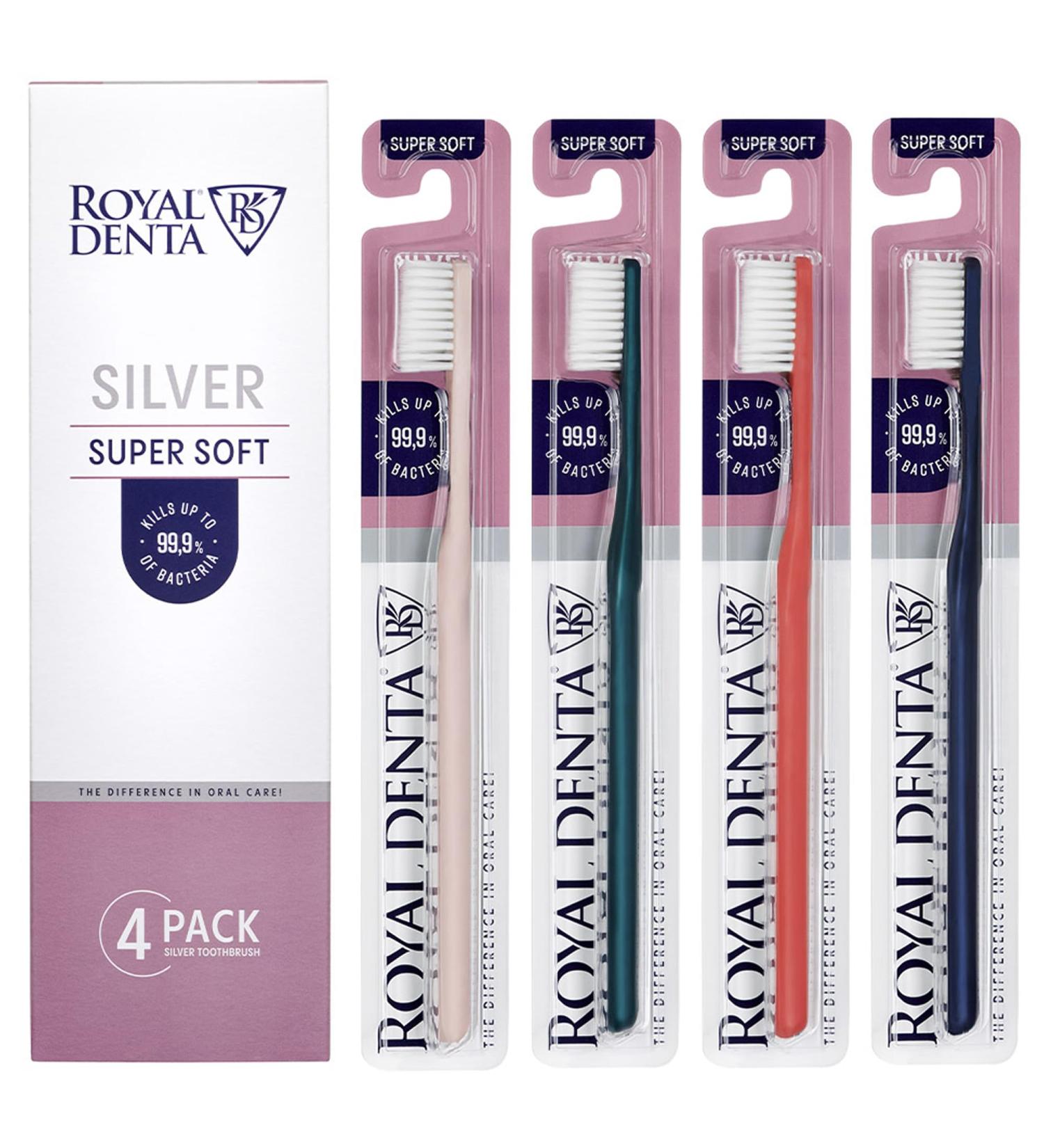 Royal Denta Super Soft Toothbrush Set - 4 Pack with Antibacterial Silver Bristles for Sensitive Teeth Care - Buy Online on GoSupps.com
