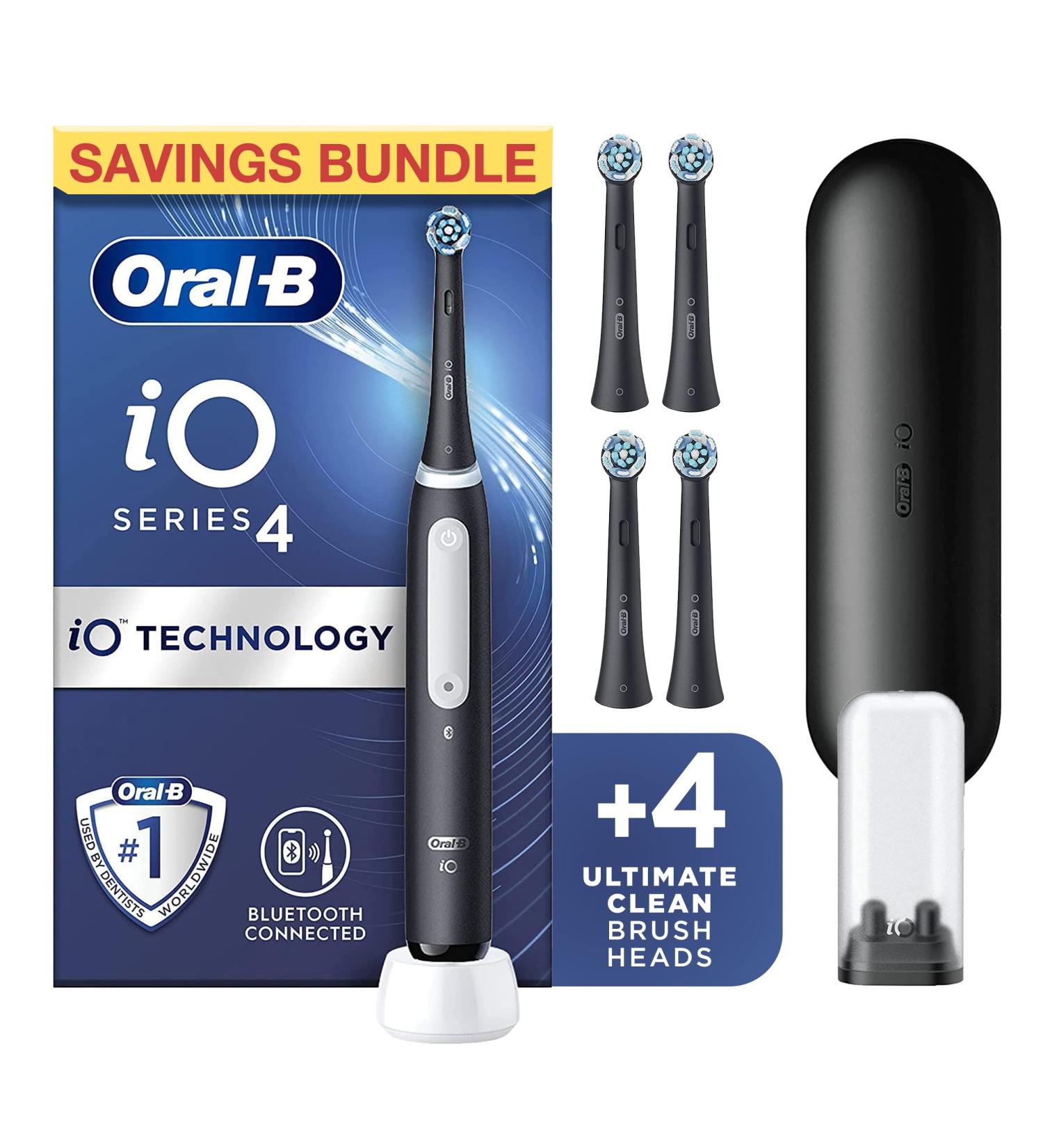 Oral-B iO4 2x Electric Toothbrushes For Adults Christmas Gifts For Women / Him 2 Toothbrush Heads & 1 Travel Case 4 Modes With Teeth Whitening UK 2 Pin Plug Black and White + Refills Black Travel - Buy Online on GoSupps.com