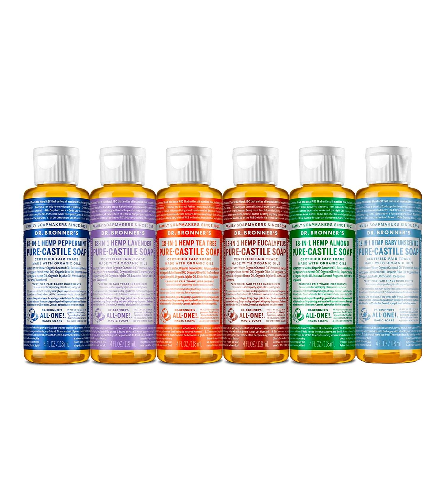 Dr. Bronner's Pure-Castile Liquid Soap Variety Pack - Peppermint, Lavender, Tea Tree, Eucalyptus, Almond, Baby Unscented - 18-in-1 Organic Oils - Face, Body, Hair, Laundry, Pets, Dishes - 4 oz, 6 Count - Buy Online on GoSupps.com