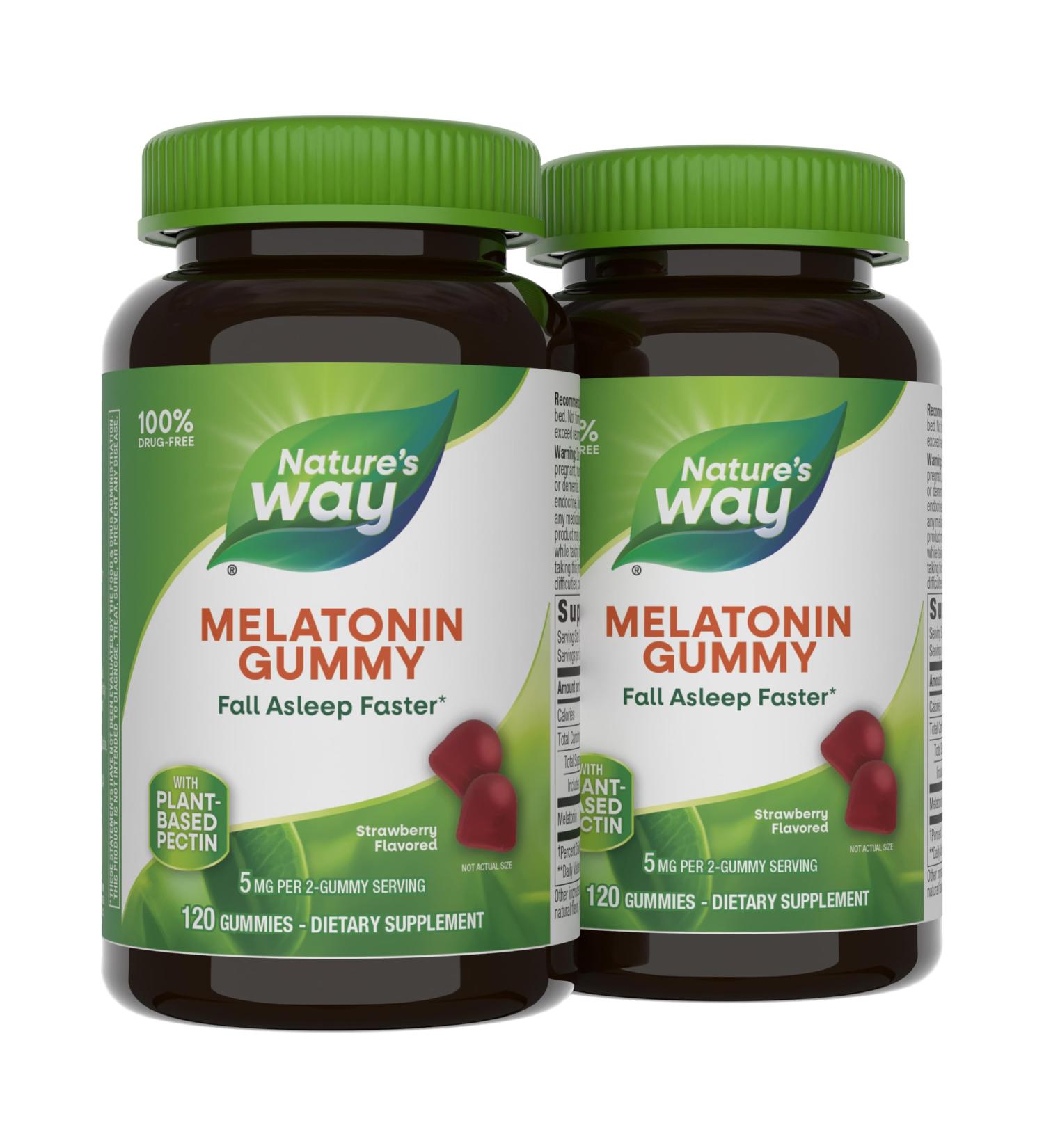 Nature's Way Adult Melatonin Gummies Supports Restful Sleep* Fall Asleep Faster* Strawberry Flavored 5 mg Melatonin Gummies per 2-Gummy Serving 120 Count (Set of 2) 120 Count (Pack of 2) - Buy Online on GoSupps.com
