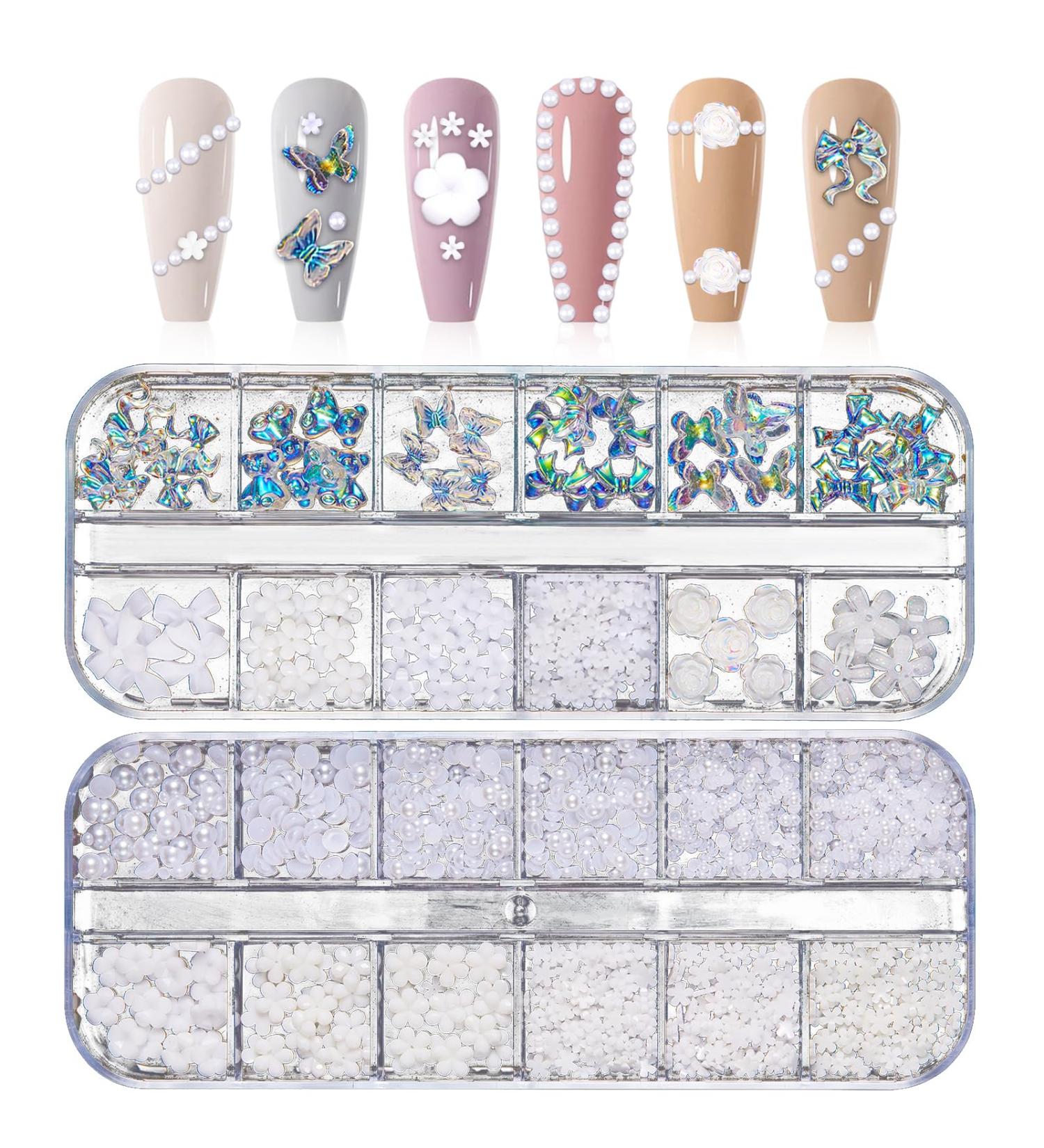 Nail Art Rhinestones and Pearls Set 2 Boxes Mixed Nail Art Decorations 3D Butterfly Bowknot Flower Charms Aurora Bear & Crystal Gems for DIY Nail Design Crafting Parties Weddings - Buy Online on GoSupps.com