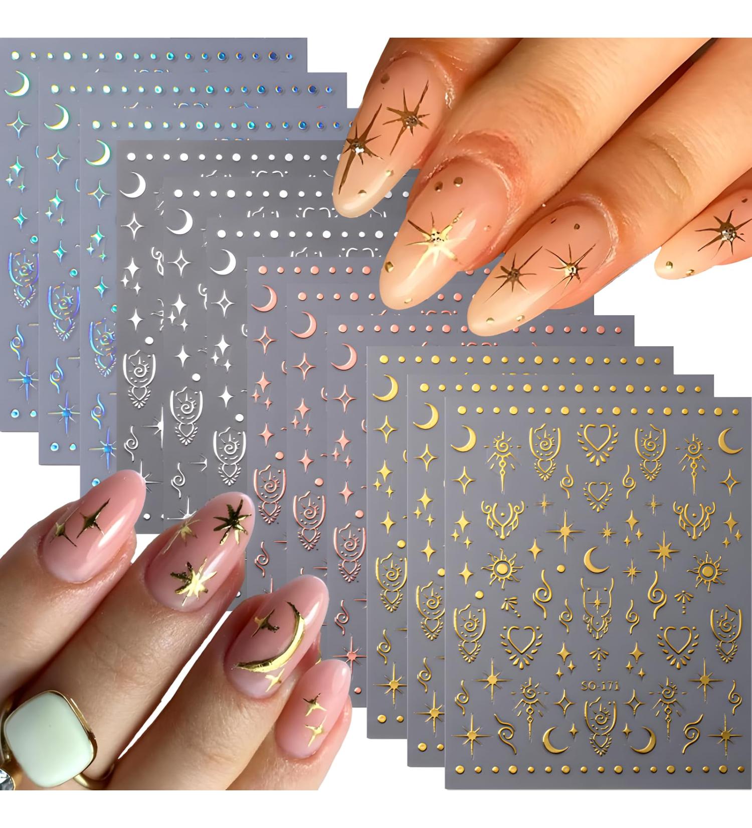Buy 12 Sheets 3D Star Nail Art Stickers - Self-Adhesive Silver & Gold Moon Decals for Women | Nail Decoration Accessories - Buy Online on GoSupps.com