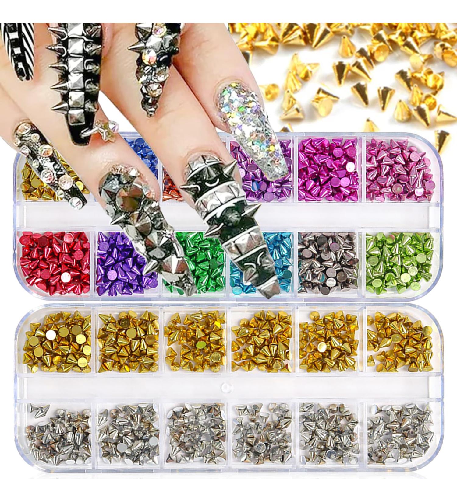 24 Grid 3D Cone Nail Art Charms - Metal Rivet Studs & Spike Jewels for DIY Nail Decorations - Gold & Silver Set - Buy Online on GoSupps.com