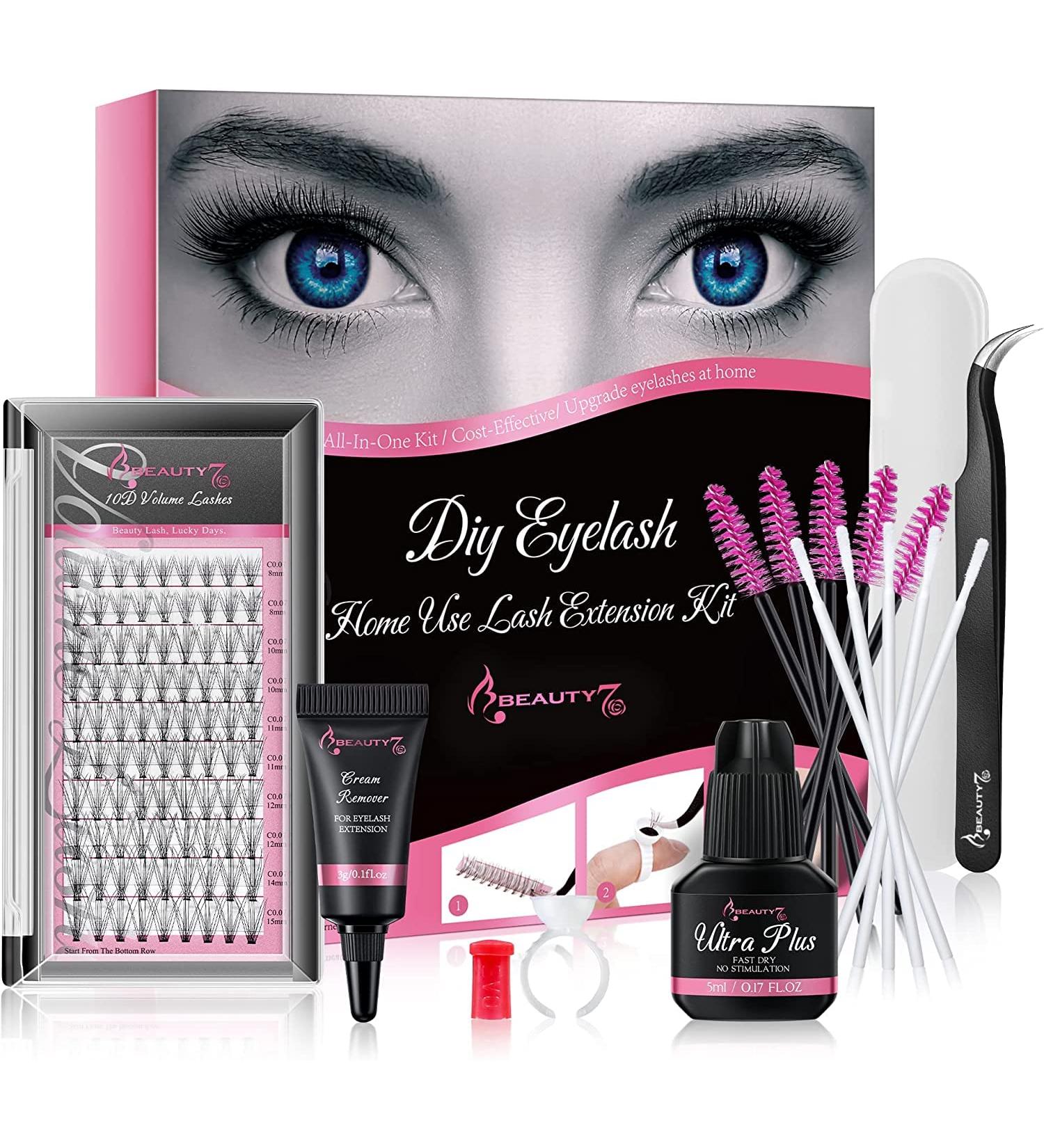 Beauty7 DIY Eyelash Extension Kit - Beginner Lash Kit for At-Home Application - 10D Cluster Lashes with Remover Cream, Adhesive Glue, and Curved Tweezer - Buy Online on GoSupps.com