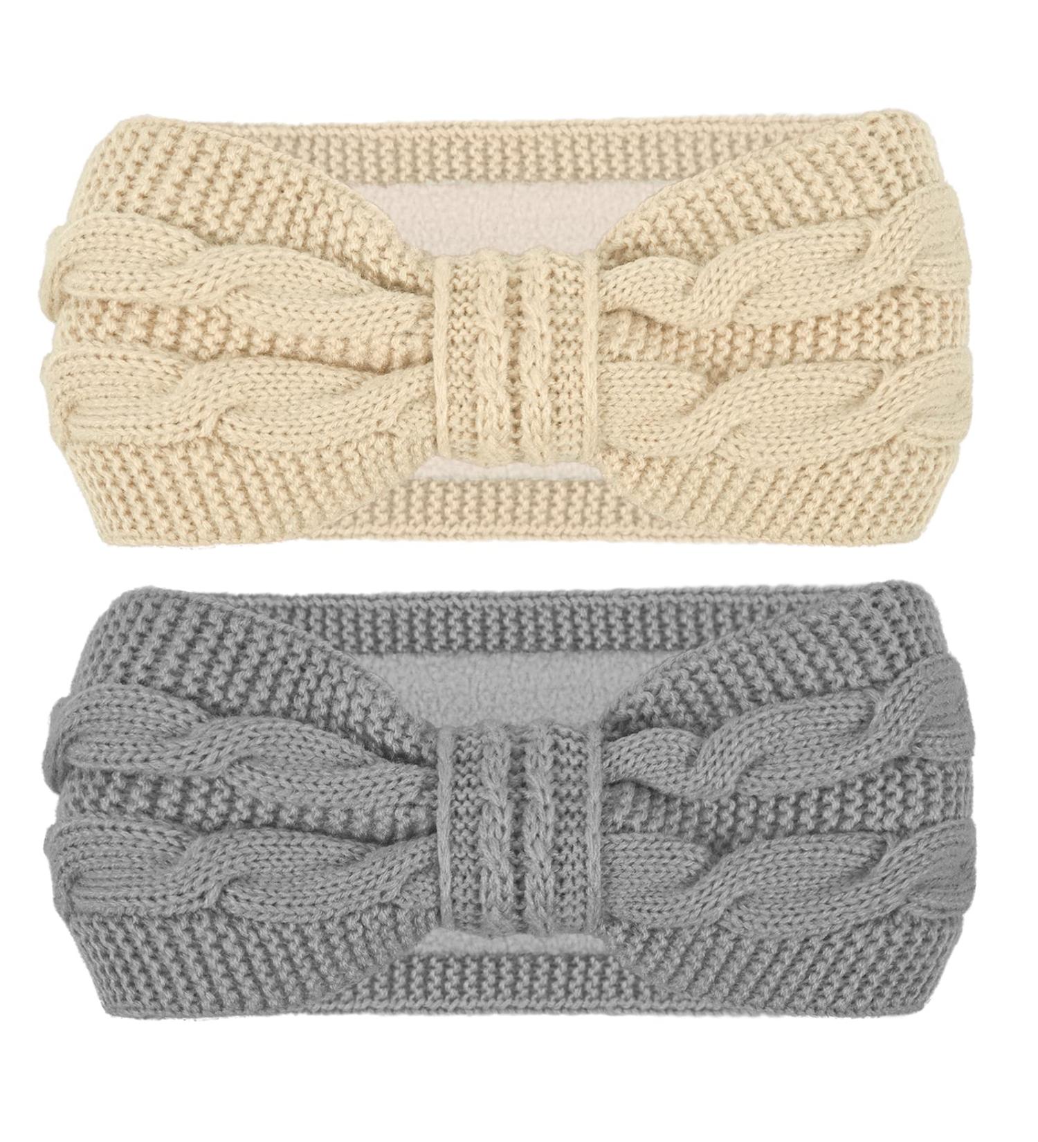 Hoowa Women's Winter Headband - Fleece Knit Ear Warmer 2pcs Elastic Hair Bands in Beige & Gray - Buy Online on GoSupps.com