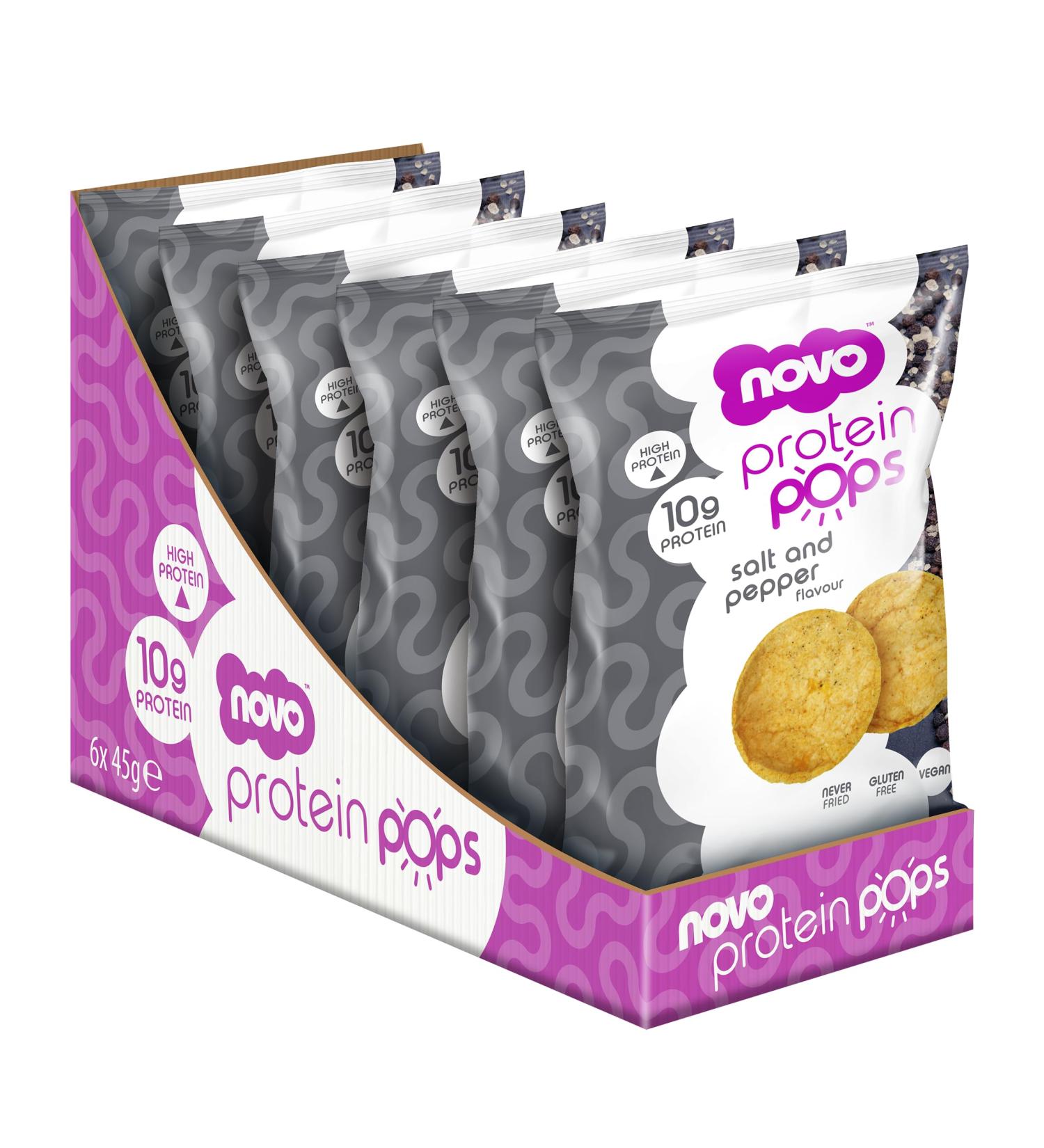 Novo Nutrition | Protein Pops | Healthy Savoury Snack with High Protein Low Sugar and High Fibre | Pack of 6 x 45g (Salt and Pepper) - Buy Online on GoSupps.com