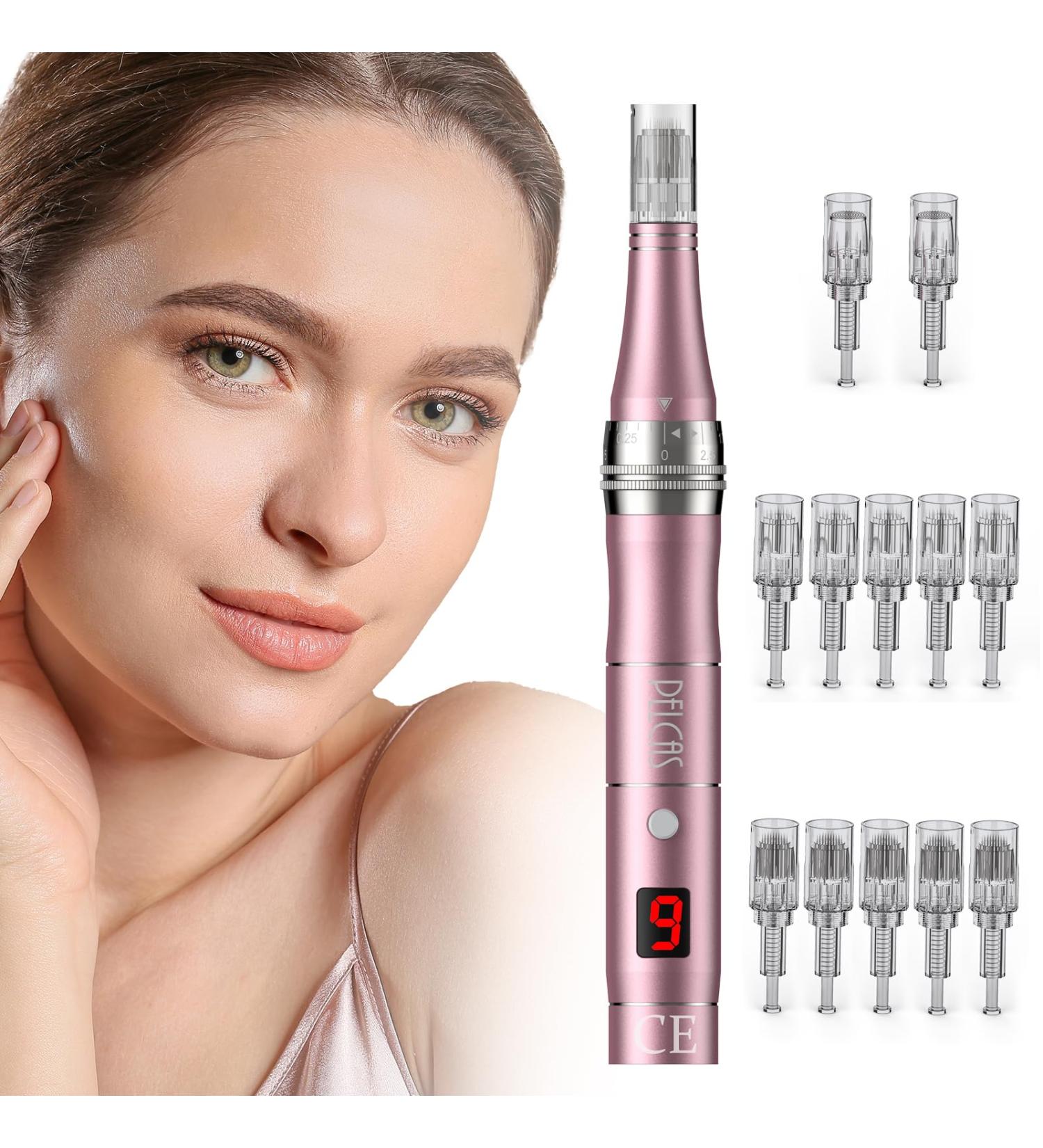 Microneedling Pen 9-Speeds PELCAS Dermapen 0-2.5mm Adjustable with 12 Pcs Cartridges Type-C Rechargable Electric Derma Roller with LCD Screen for Anti-Aging Skin Care Wrinkle Stretch Marks Hair Loss 5 Count (Pack of 1) - Buy Online on GoSupps.com