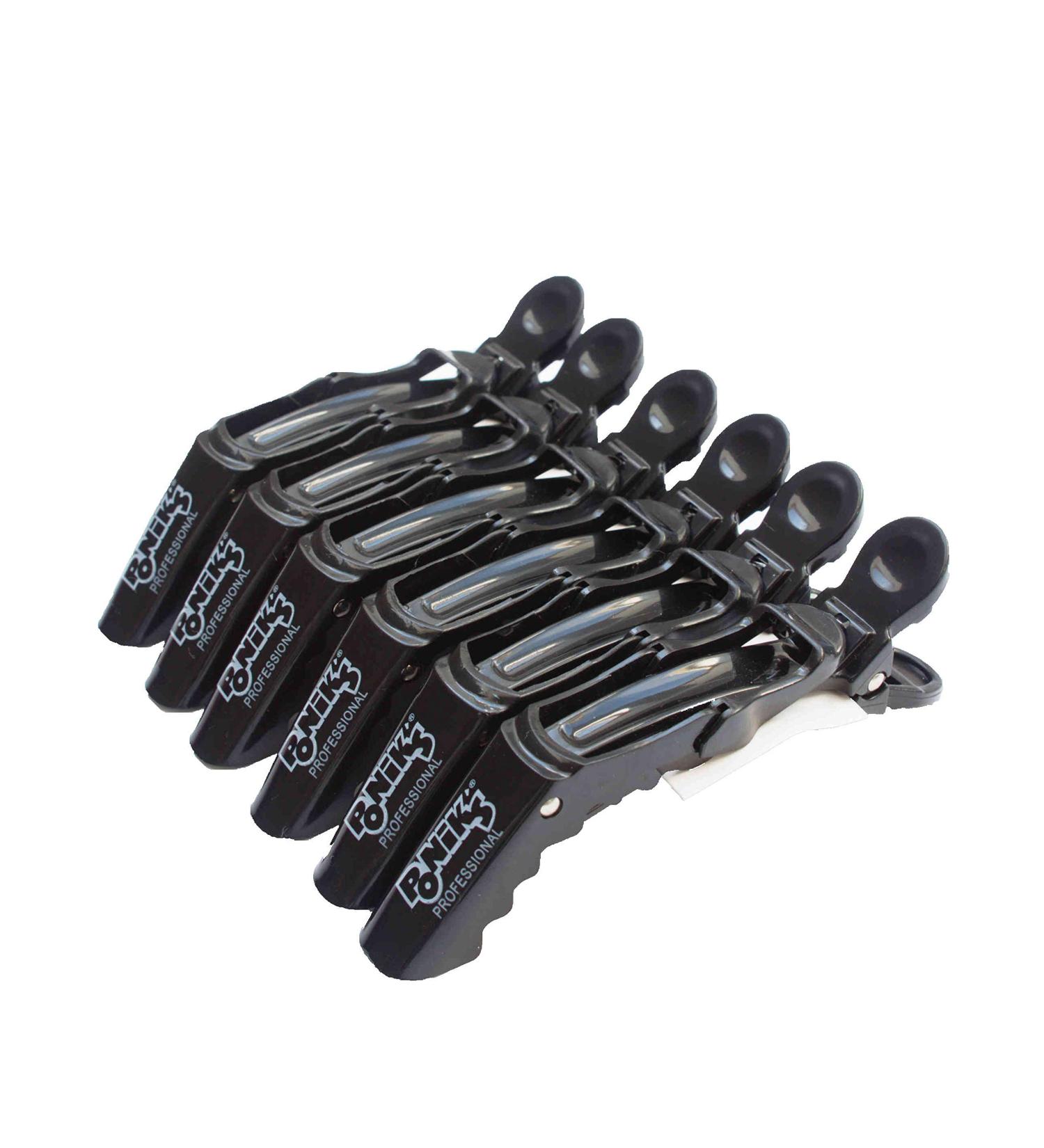Poniks Locking Clips Crocodile - Black Plastic Hair Clips for Hairdressers | 6-Piece Set 11 cm - Essential Hairdressing Tools & Compartment Clamps - Buy Online on GoSupps.com