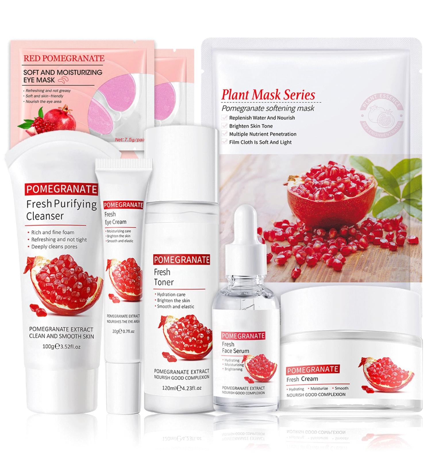 Women Gift Sets 8 Pieces Pomegranate Beauty Products: Cleanser Toner Eye Cream Serum Face Cream - Moisturizes Nourishes Skin Reduces Wrinkles - Buy Online on GoSupps.com