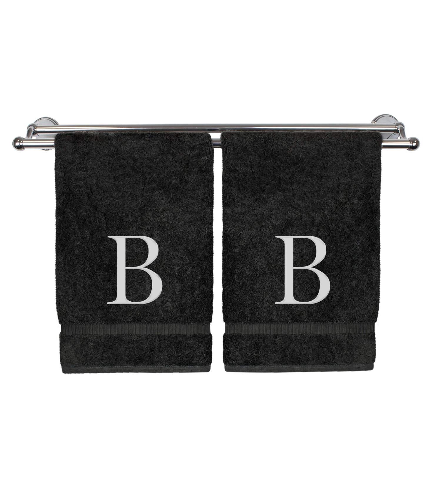 Monogrammed Hand Towel, Personalized Gift, Set of 2- White Block Letter Embroidered Towel - Extra Absorbent 100% Turkish Cotton - Soft Terry Finish - Initial B Black Initial B Black & White