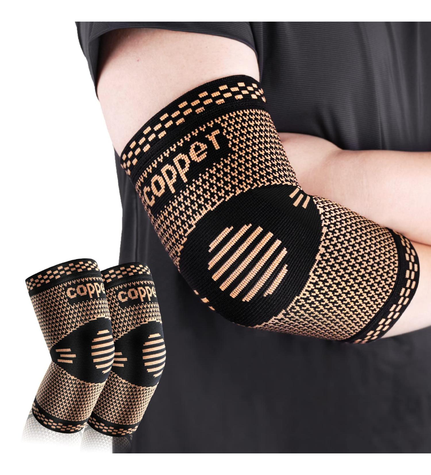 Copper Elbow Sleeve for Tendonitis, Tennis Elbow, Arthritis - Elbow Compression Brace for Pain Relief - Medium Gold&Black | Men & Women - Buy Online on GoSupps.com