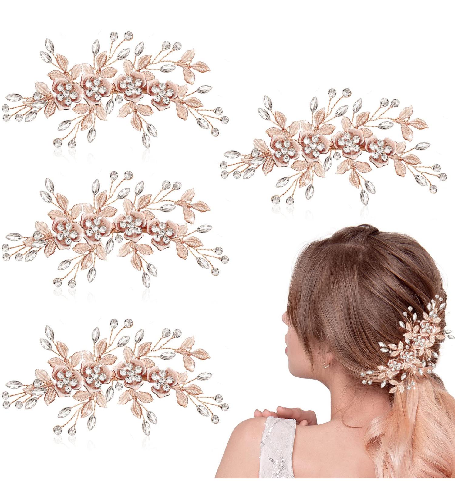 4 Pcs Rhinestone Wedding Hair Clips - Handmade Bridesmaid Accessories in Light Rose Gold - Buy Online on GoSupps.com