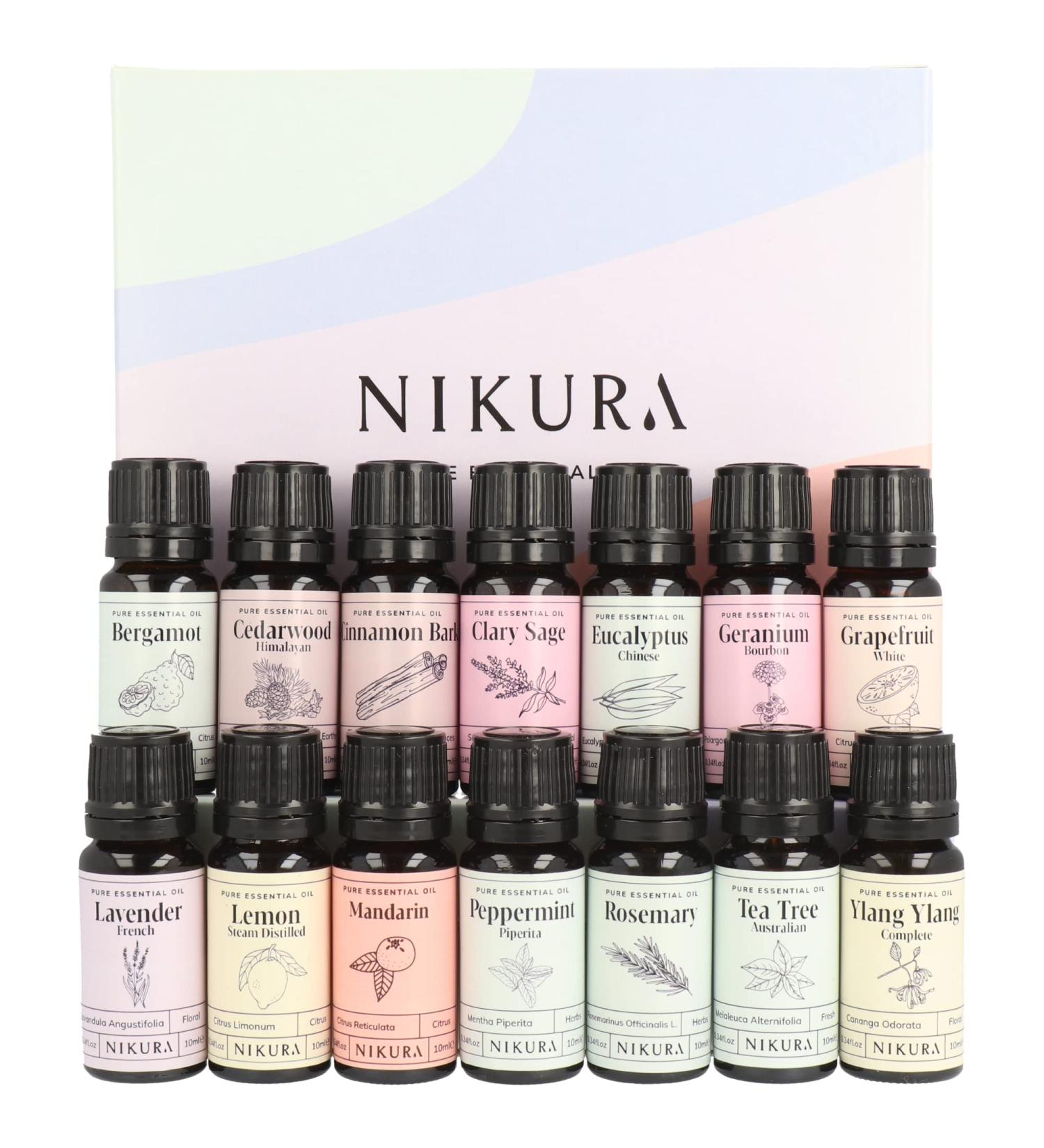 Nikura Professional Essential Oil Gift Set - 14 x 10ml | Aromatherapy Oils for Diffuser - Rosemary, Bergamot, Lavender, Lemon, Peppermint, Tea Tree for Home | Hair Growth and Christmas Gifts - Buy Online on GoSupps.com