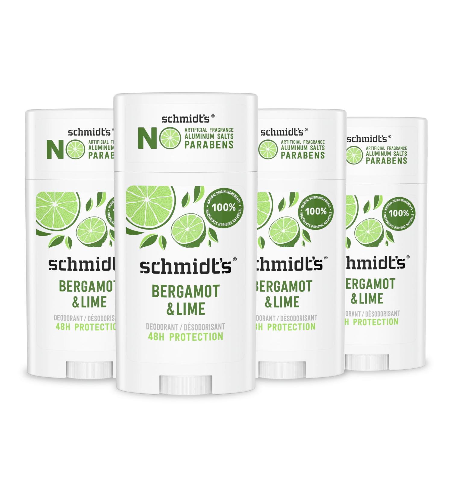 Schmidt's Aluminum-Free Vegan Deodorant Bergamot & Lime 4 Count for Women and Men with 24 Hour Odor Protection Natural Ingredients Cruelty-Free 2.65 oz - Buy Online on GoSupps.com