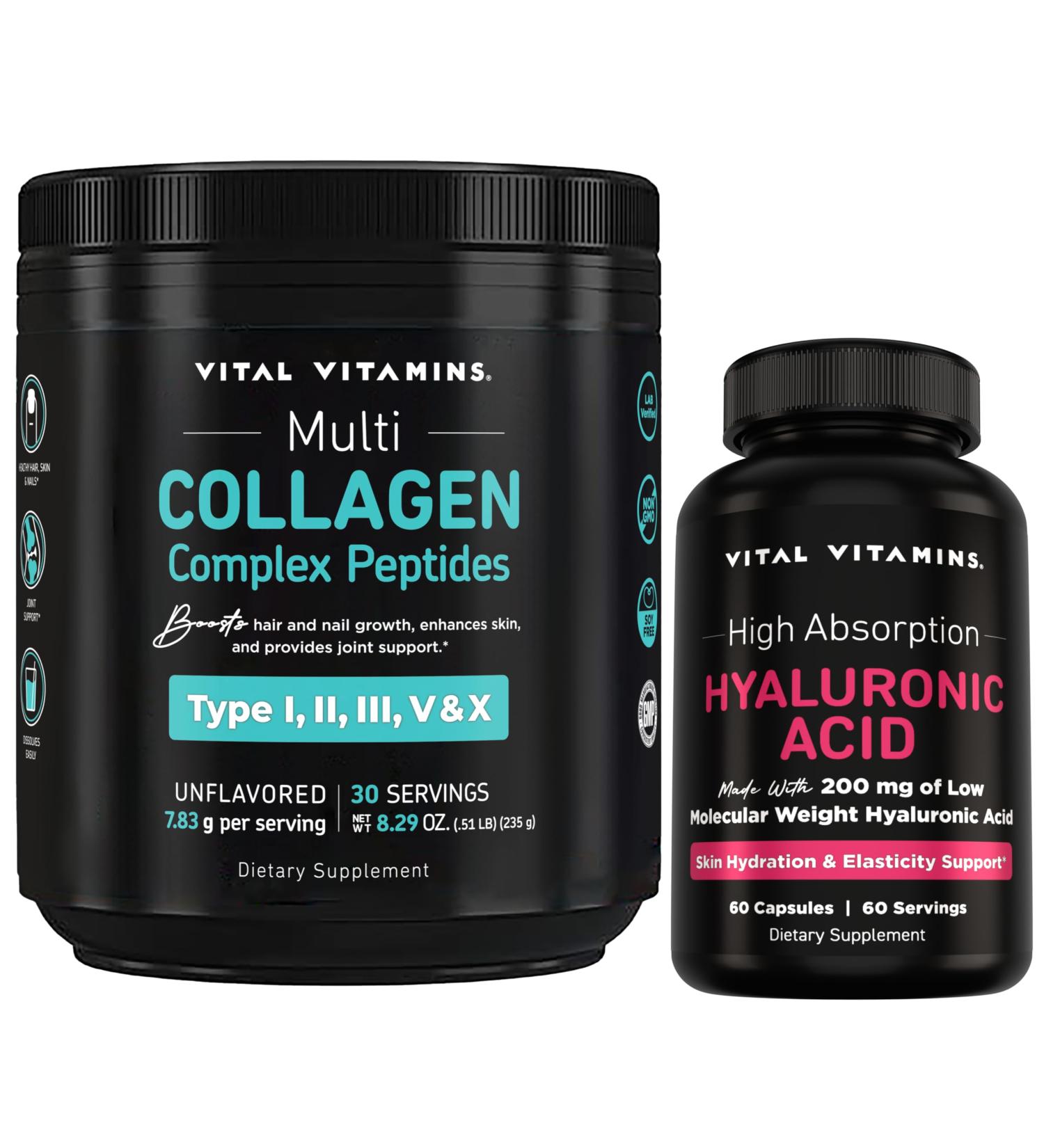 Vital Vitamins Multi-Collagen Powder 30 Servings + Hyaluronic Acid Capsules 60 ct - Buy Online on GoSupps.com
