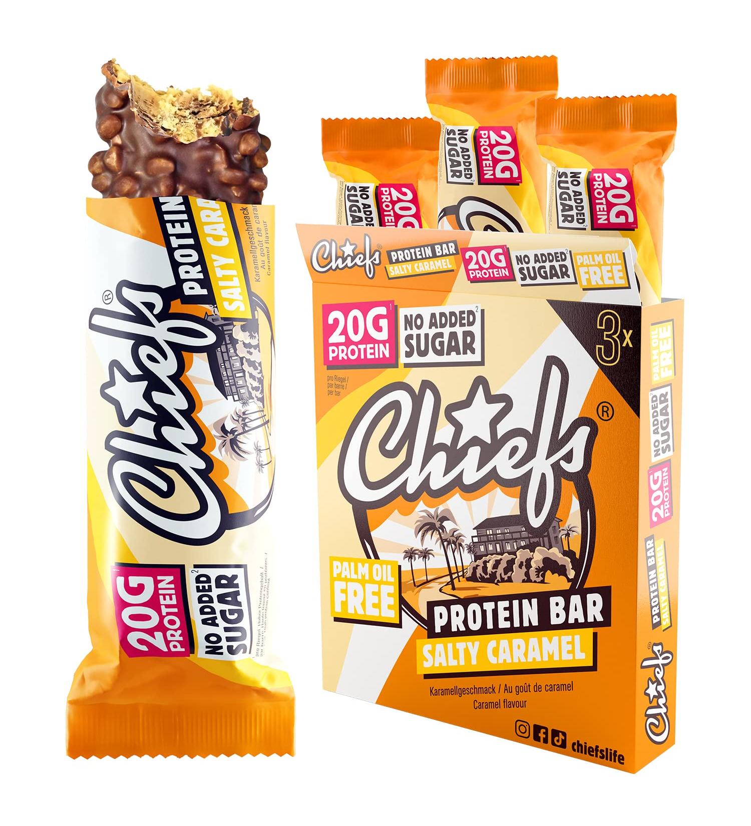 Chiefs Protein Bar - 20g Protein Low Sugar 209kcal | Salty Caramel Trio Pack (3 x 55g) - High Protein Snack - Buy Online on GoSupps.com