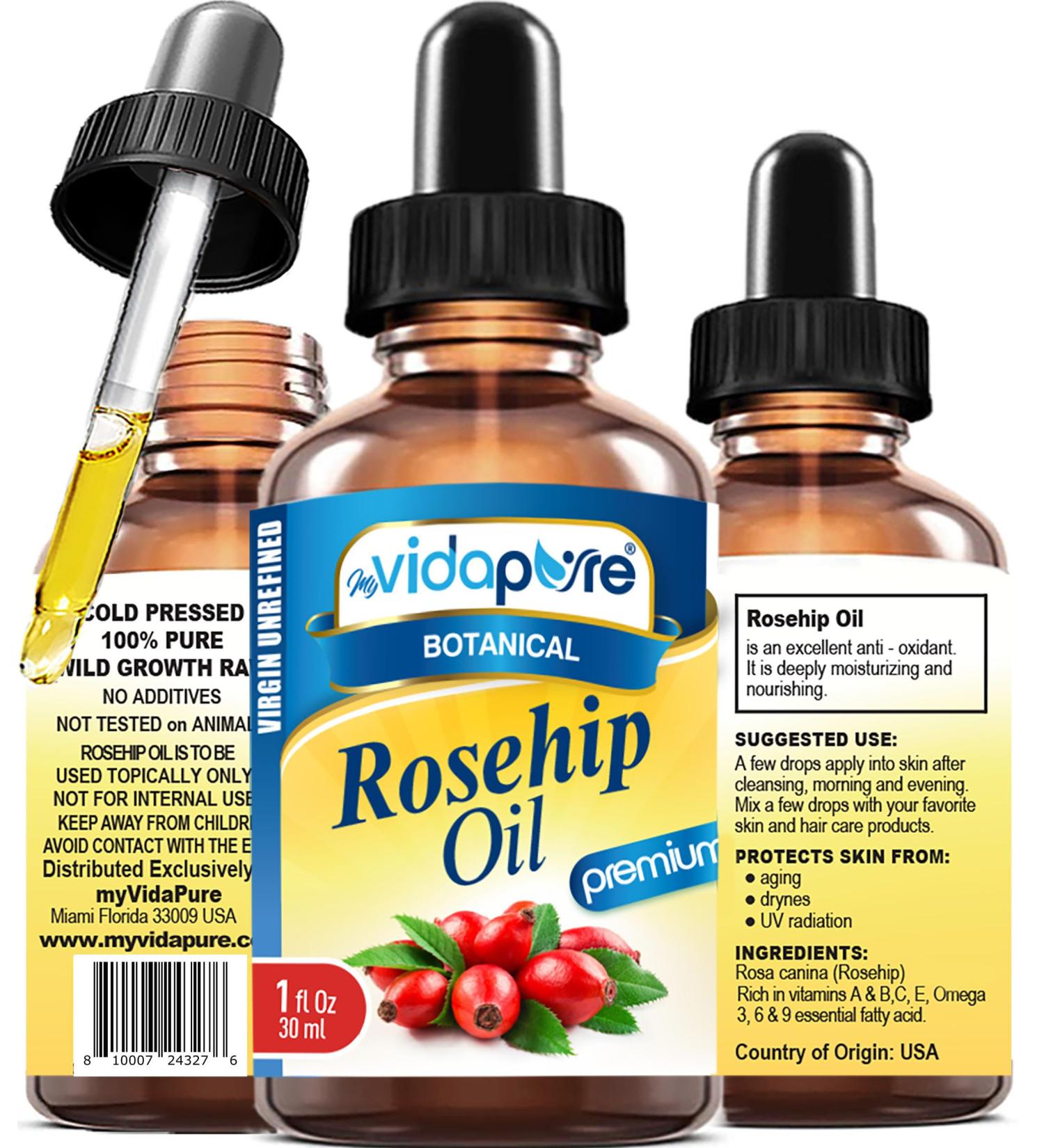 MYVIDAPURE Rosehip Oil Vitamin A, Vitamin C, Vitamen E for Wrinkles, Scars, Stretch Marks, Face, Body, Hair, Lip Care. (1 Fl Oz) 1 Fl Oz (Pack of 1) - Buy Online on GoSupps.com