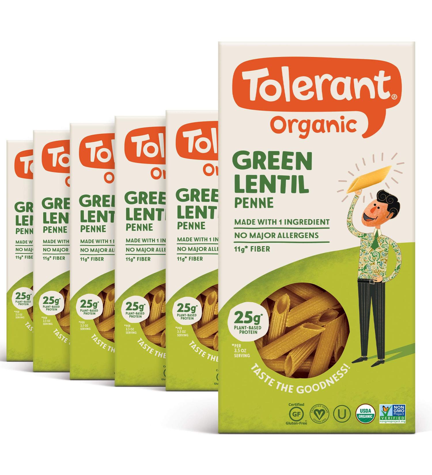 Tolerant Organic Green Lentil Penne Pasta (8 oz Case of 6) - Gluten Free, Vegan, Paleo, Plant Based Protein Pasta - Non GMO, Kosher - Allergen-Free - 1 Ingredient - Buy Online on GoSupps.com